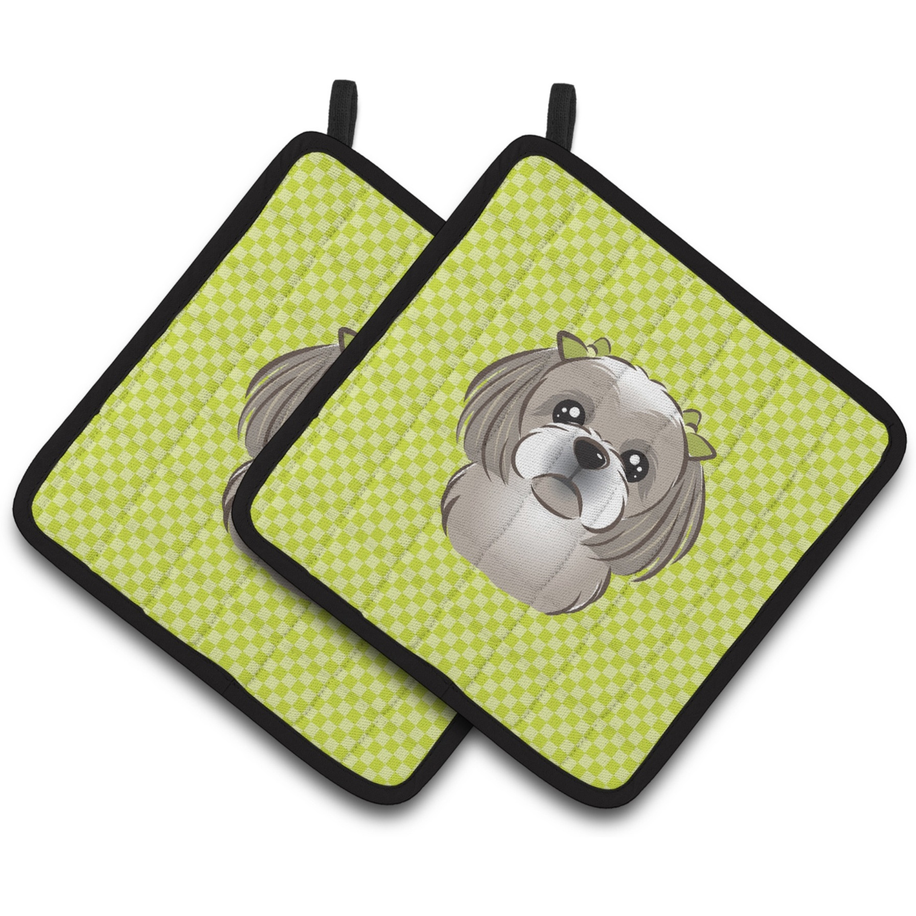 &quotCaroline's Treasures Checkerboard Lime green Gray Silver Shih Tzu Pair of Pot Holders BB1312PTHD, 7.5HX7.5W, Multicolor"