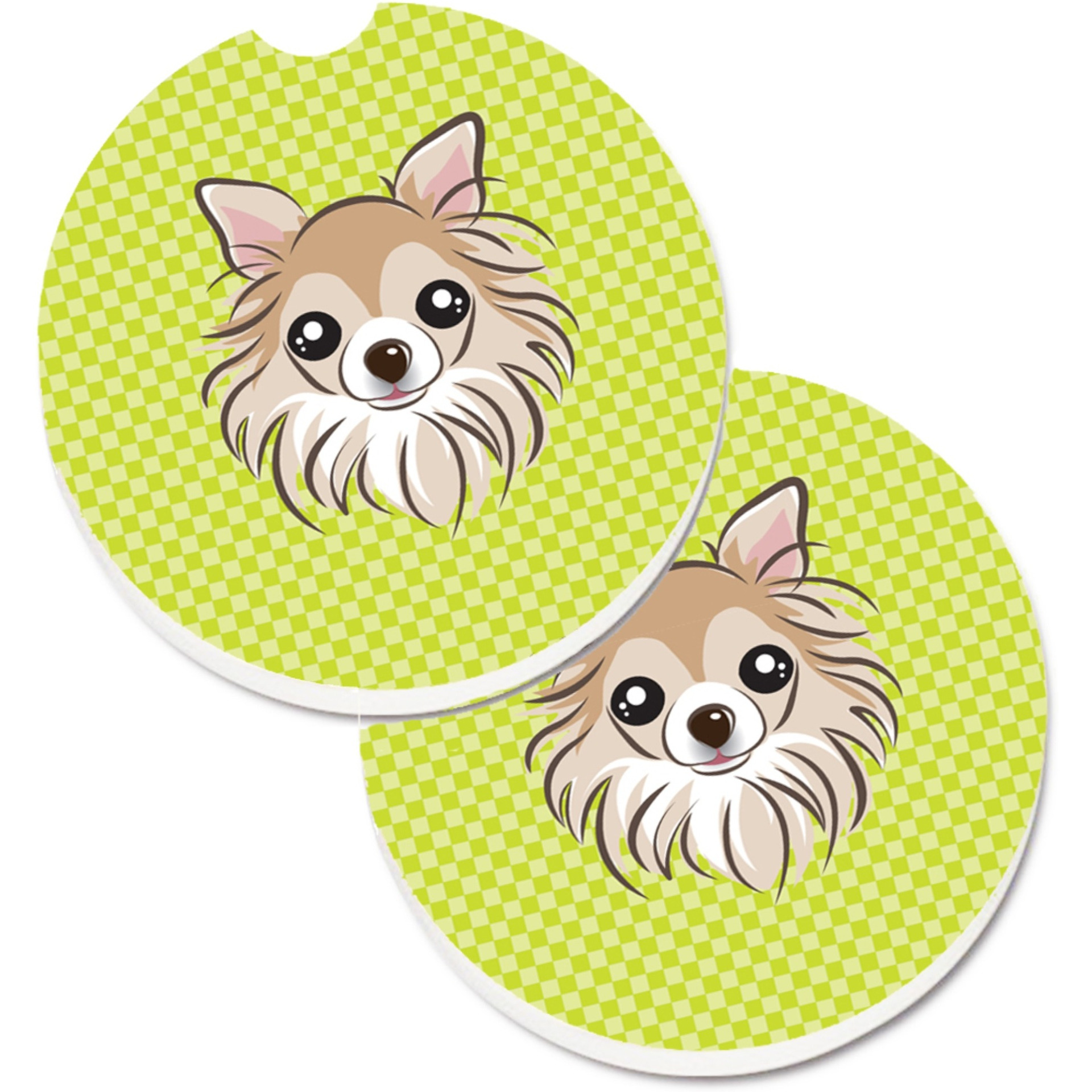 &quotCaroline's Treasures Checkerboard Lime green Chihuahua Set of 2 Cup Holder Car Coasters BB1313CARC, 2.56, Multicolor"