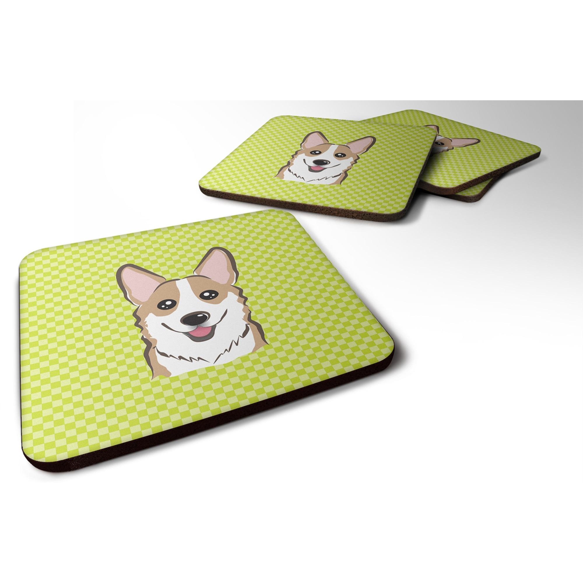 &quotCaroline's Treasures BB1315FC Checkerboard Lime Green Corgi Foam Coaster (Set of 4), 3.5"" H x 3.5"" W, Multicolor"