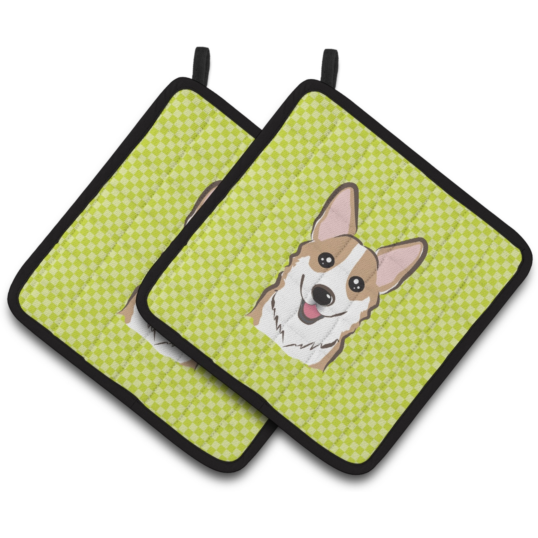 &quotCaroline's Treasures Checkerboard Lime green Corgi Pair of Pot Holders BB1315PTHD, 7.5HX7.5W, Multicolor"