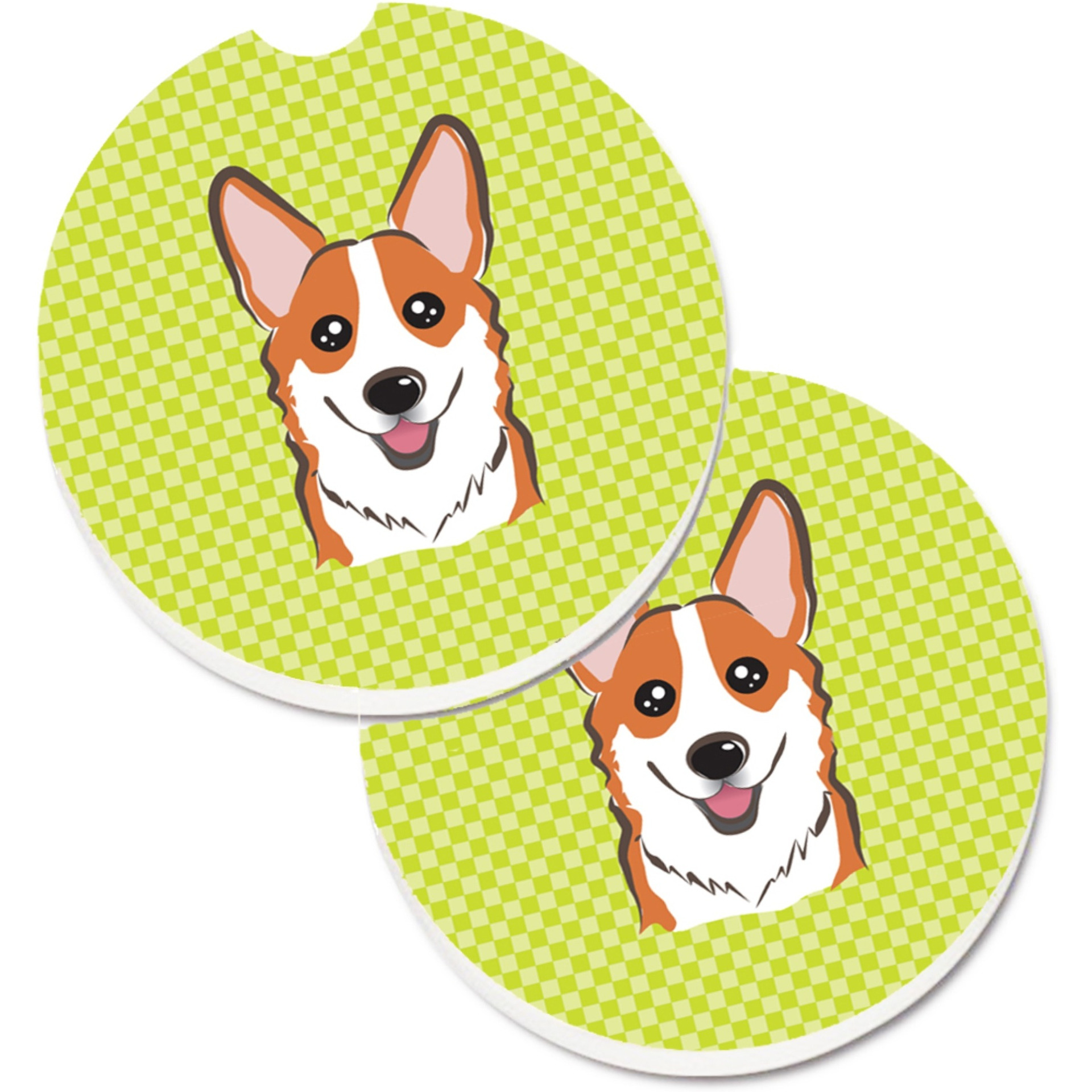 &quotCaroline's Treasures Checkerboard Lime green Corgi Set of 2 Cup Holder Car Coasters BB1316CARC, 2.56, Multicolor"