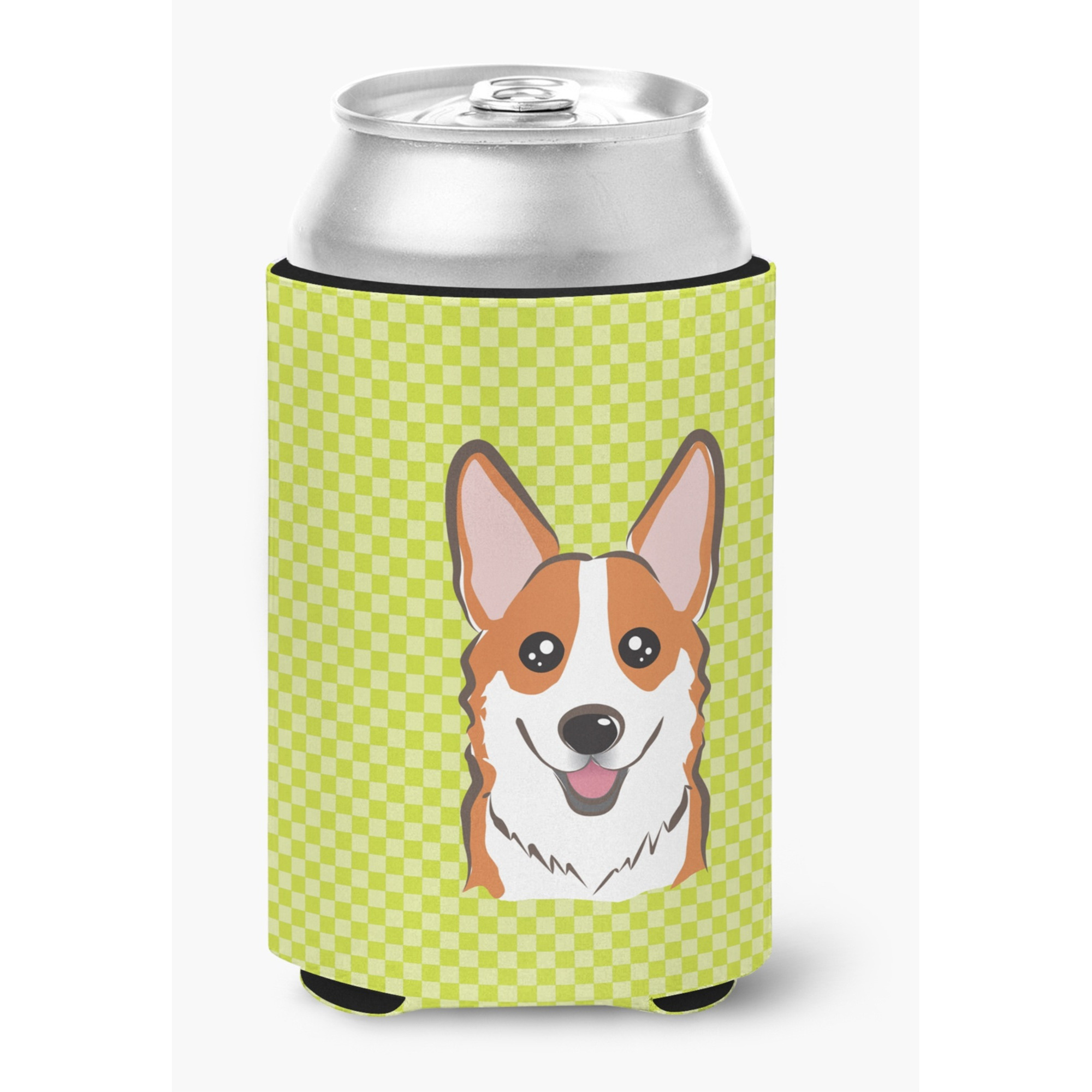 Checkerboard Lime Green Corgi Can or Bottle Hugger BB1316CC