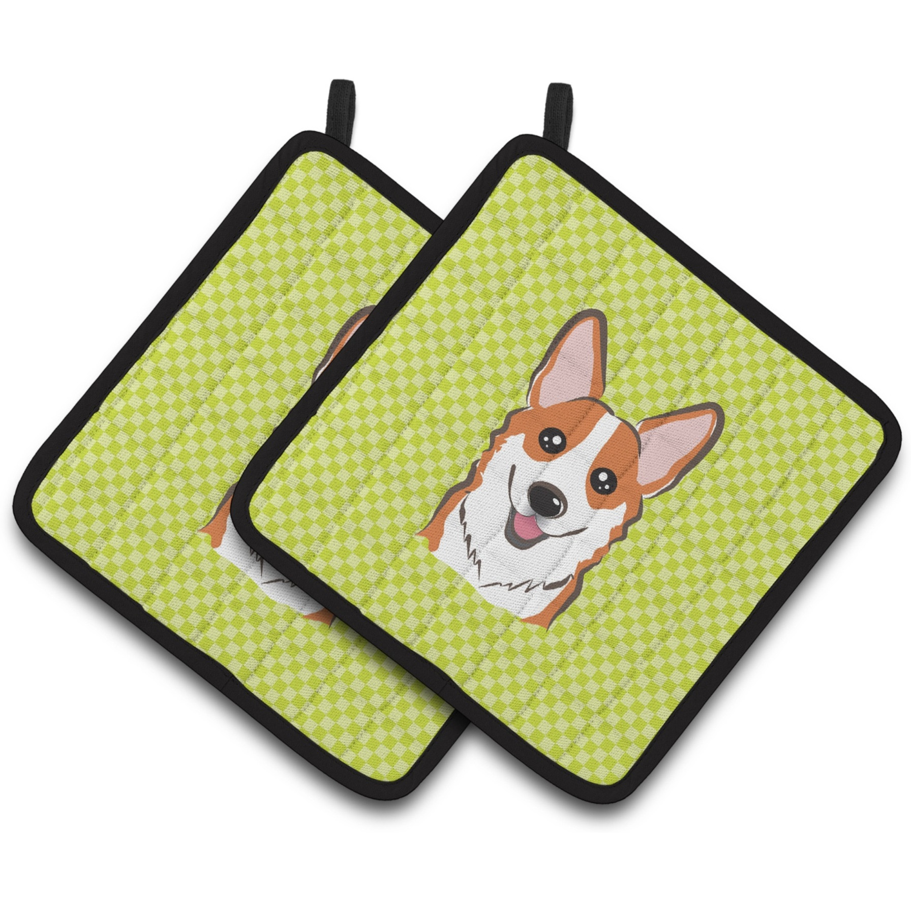 &quotCaroline's Treasures Checkerboard Lime green Corgi Pair of Pot Holders BB1316PTHD, 7.5HX7.5W, Multicolor"