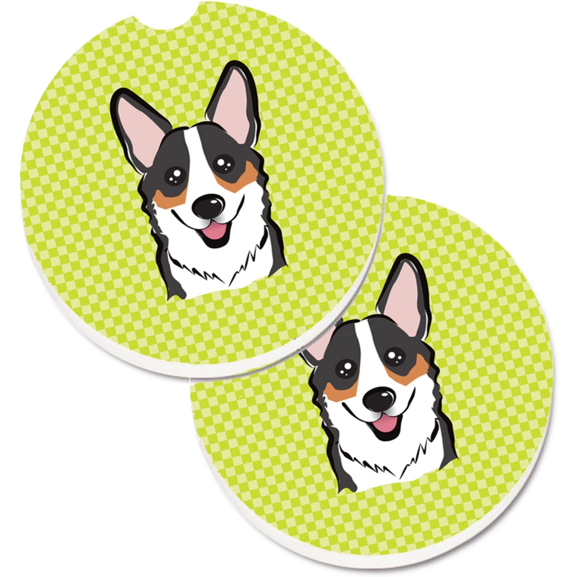 &quotCaroline's Treasures Checkerboard Lime green Corgi Set of 2 Cup Holder Car Coasters BB1317CARC, 2.56, Multicolor"