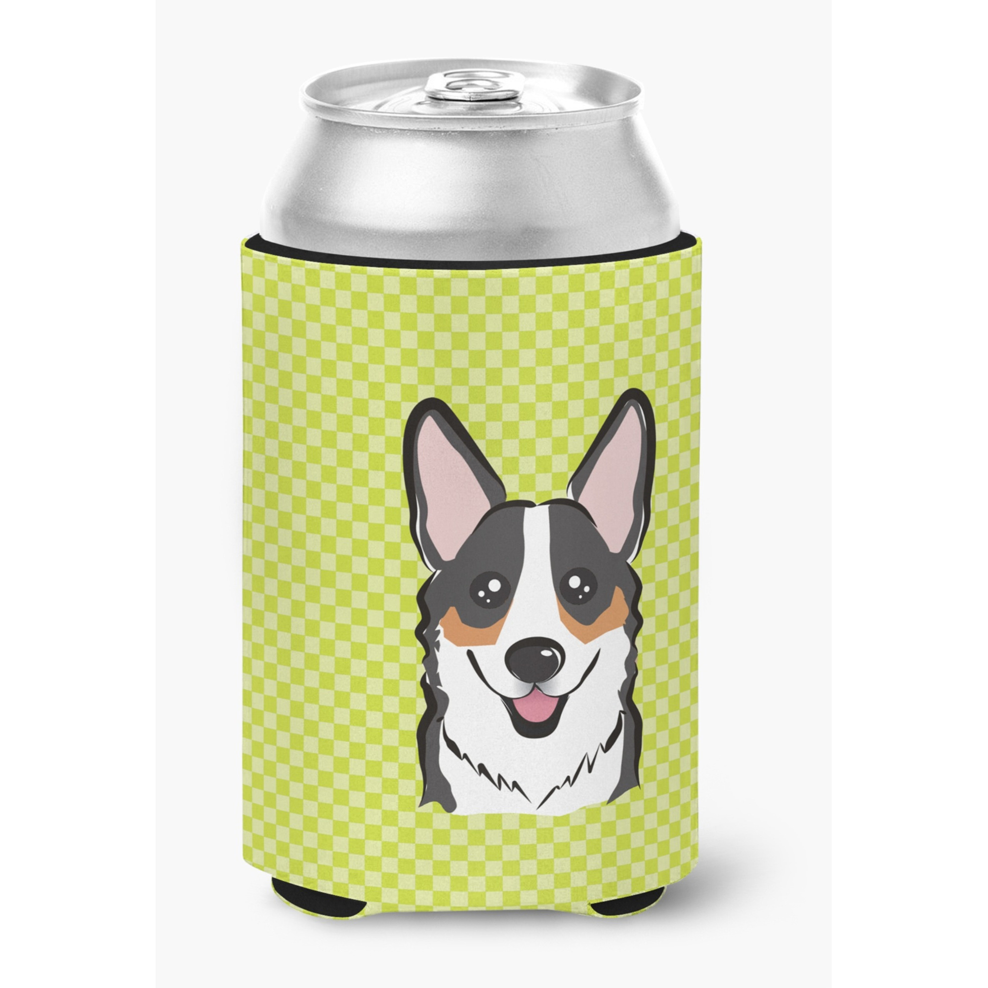 Checkerboard Lime Green Corgi Can or Bottle Hugger BB1317CC