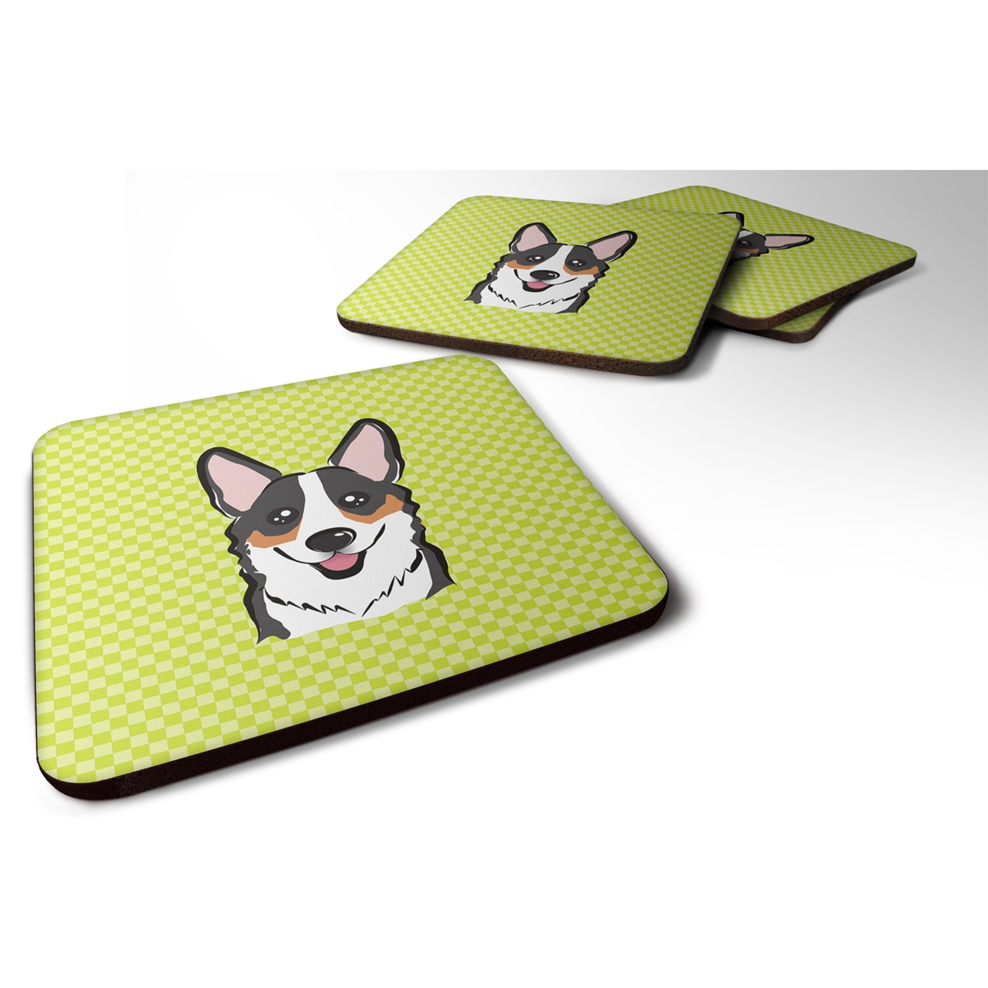 &quotCaroline's Treasures BB1317FC Checkerboard Lime Green Corgi Foam Coaster (Set of 4), 3.5"" H x 3.5"" W, Multicolor"