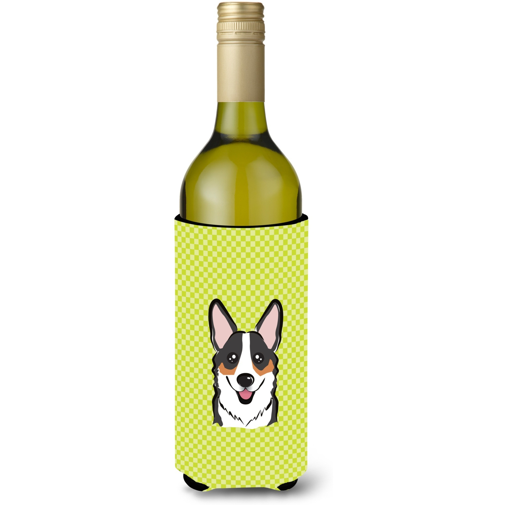 Checkerboard Lime Green Corgi Wine Bottle Beverage Insulator Hugger BB1317LITERK