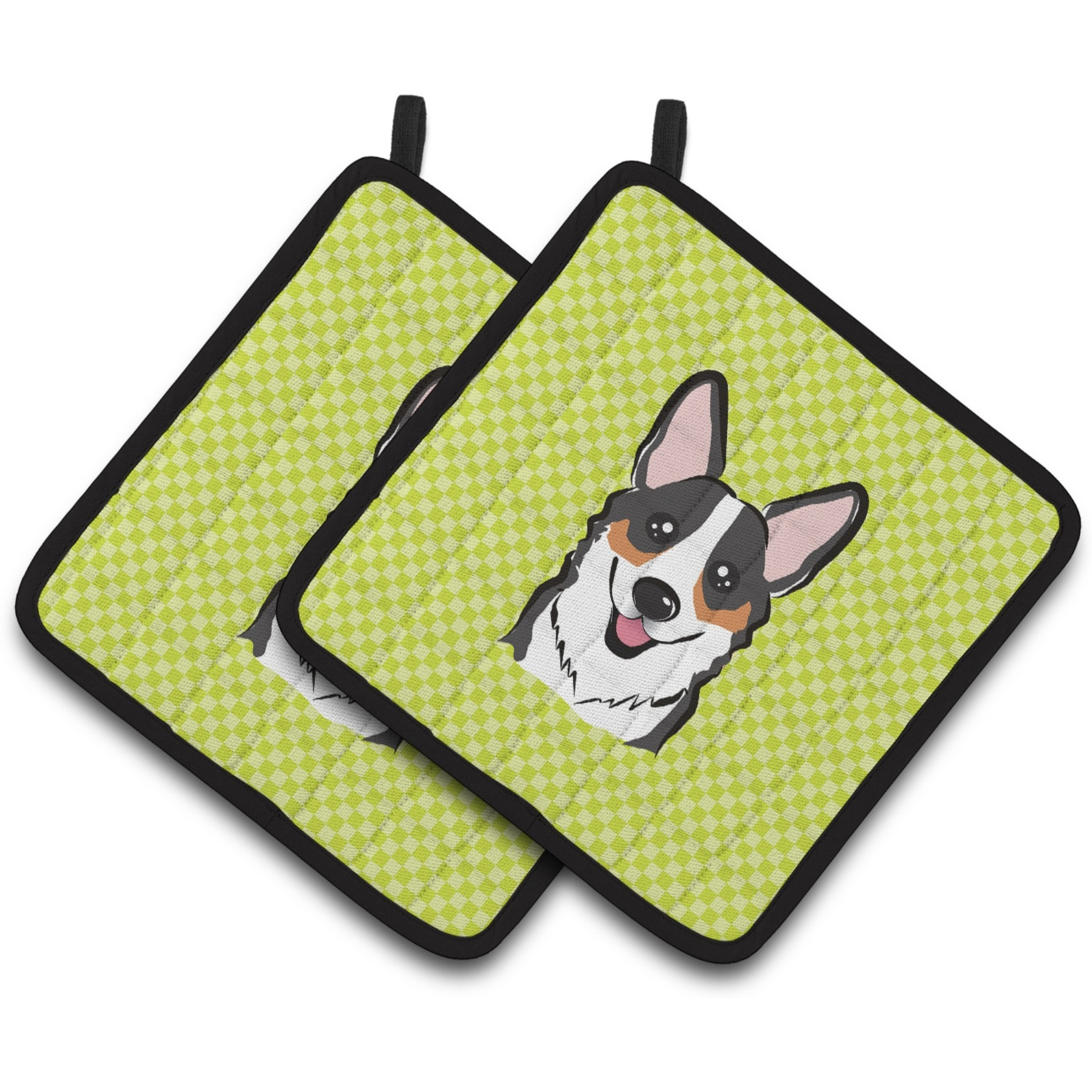 &quotCaroline's Treasures Checkerboard Lime green Corgi Pair of Pot Holders BB1317PTHD, 7.5HX7.5W, Multicolor"