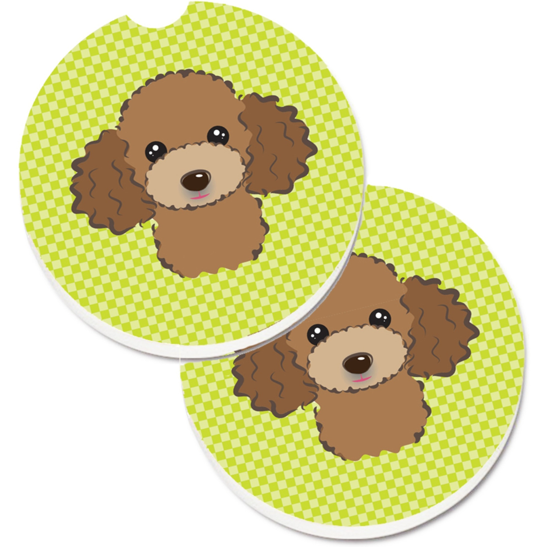 &quotCaroline's Treasures Checkerboard Lime green Chocolate Brown Poodle Set of 2 Cup Holder Car Coasters BB1318CARC, 2.56, Multicolor"