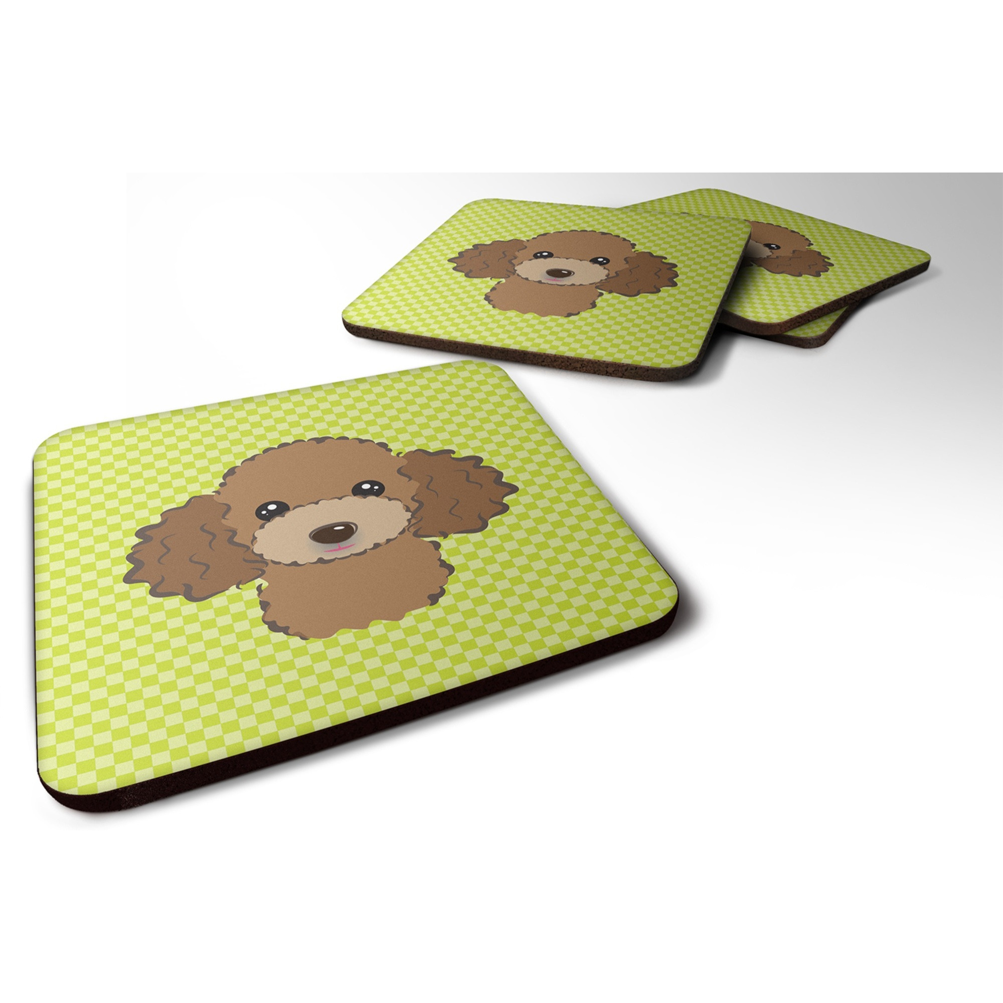 &quotCaroline's Treasures BB1318FC Checkerboard Lime Green Chocolate Brown Poodle Foam Coaster (Set of 4), 3.5"" H x 3.5"" W, Multicolor"