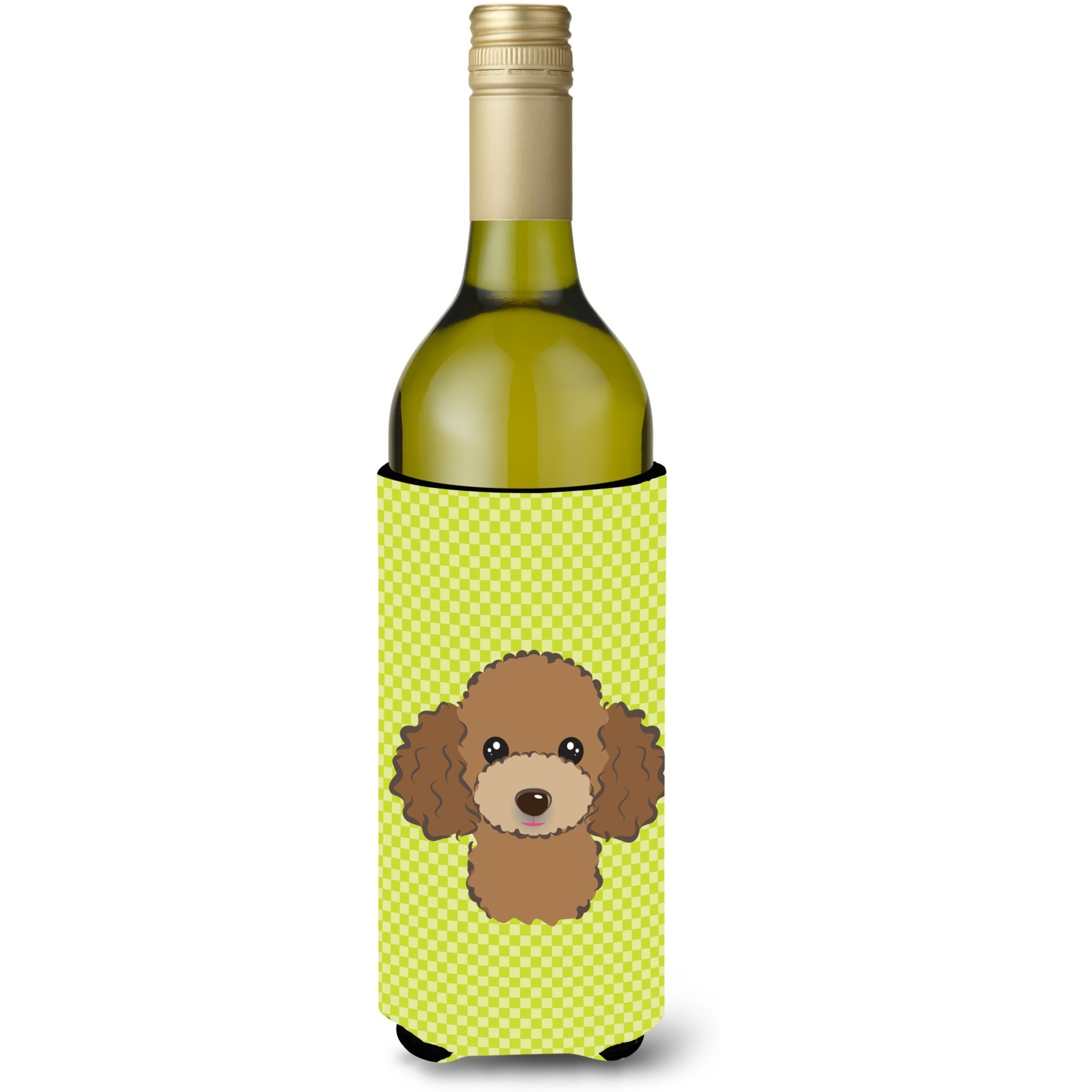 Checkerboard Lime Green Chocolate Brown Poodle Wine Bottle Beverage Insulator Hugger