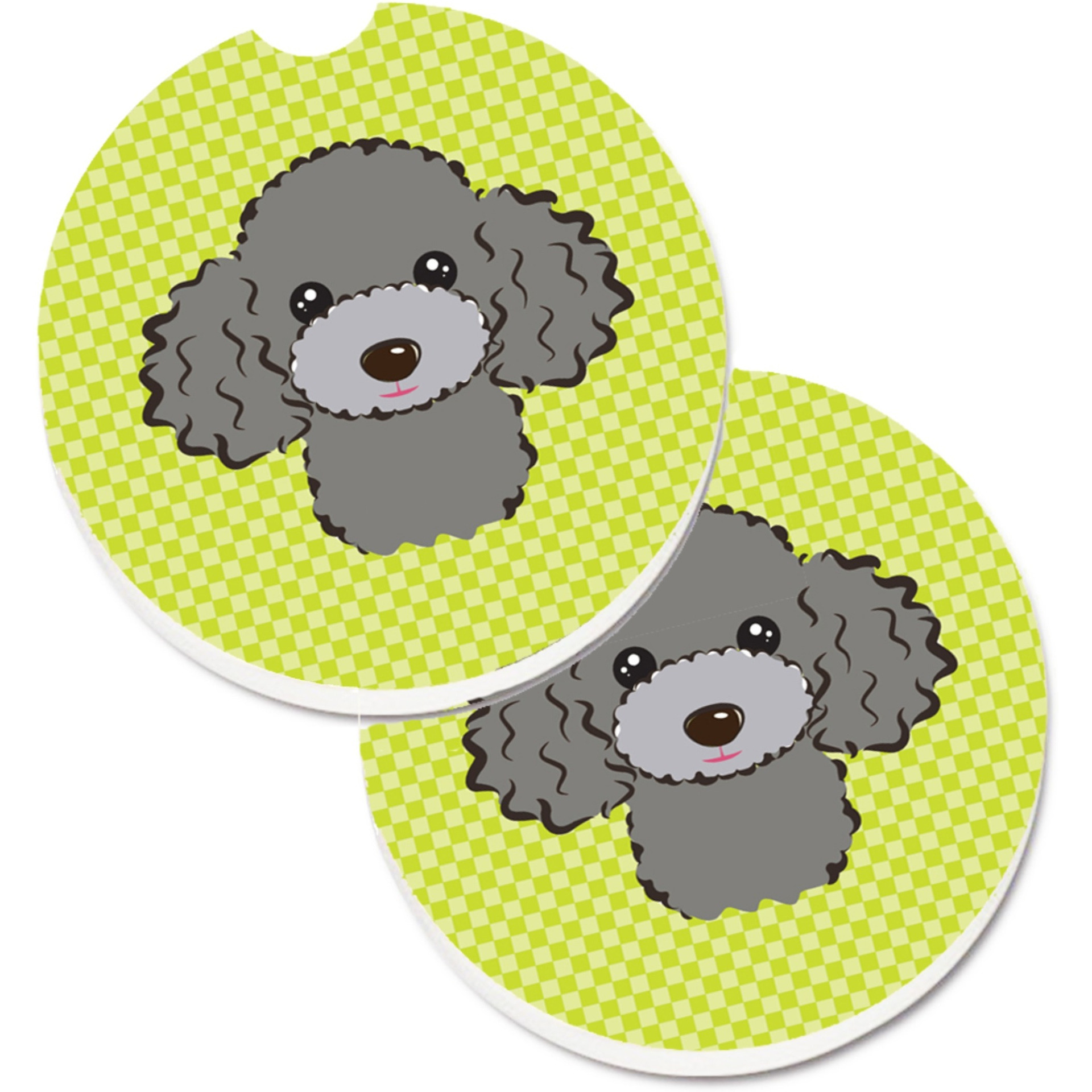 &quotCaroline's Treasures Checkerboard Lime green Silver Gray Poodle Set of 2 Cup Holder Car Coasters BB1321CARC, 2.56, Multicolor"