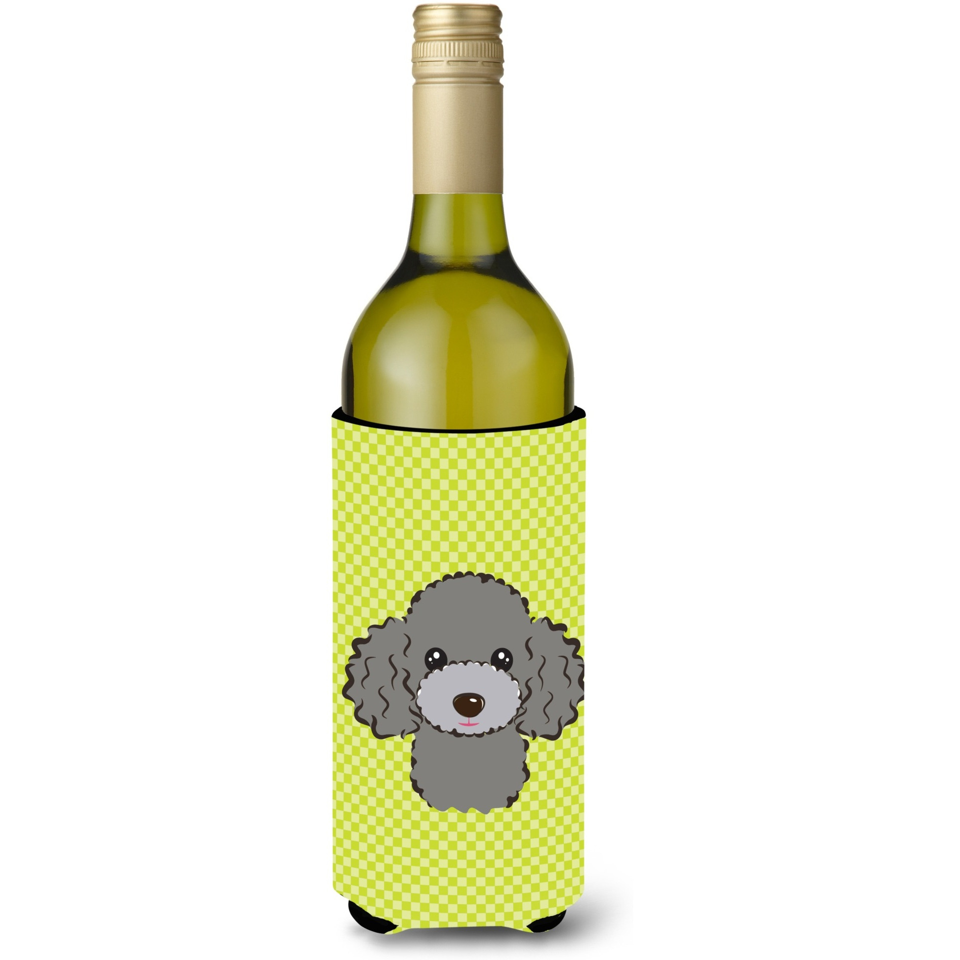 Checkerboard Lime Green Silver Gray Poodle Wine Bottle Beverage Insulator Hugger