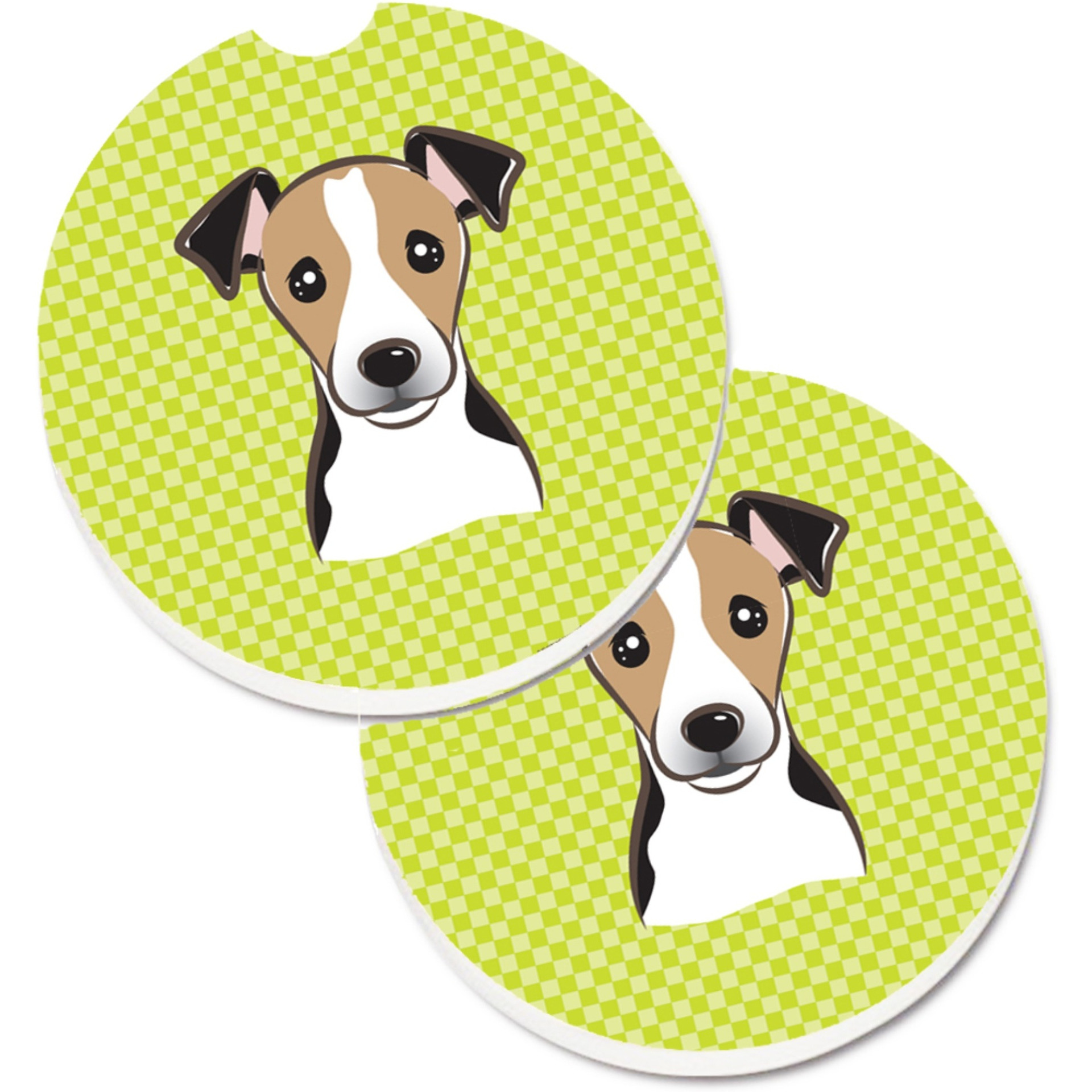 &quotCaroline's Treasures Checkerboard Lime green Jack Russell Terrier Set of 2 Cup Holder Car Coasters BB1323CARC, 2.56, Multicolor"