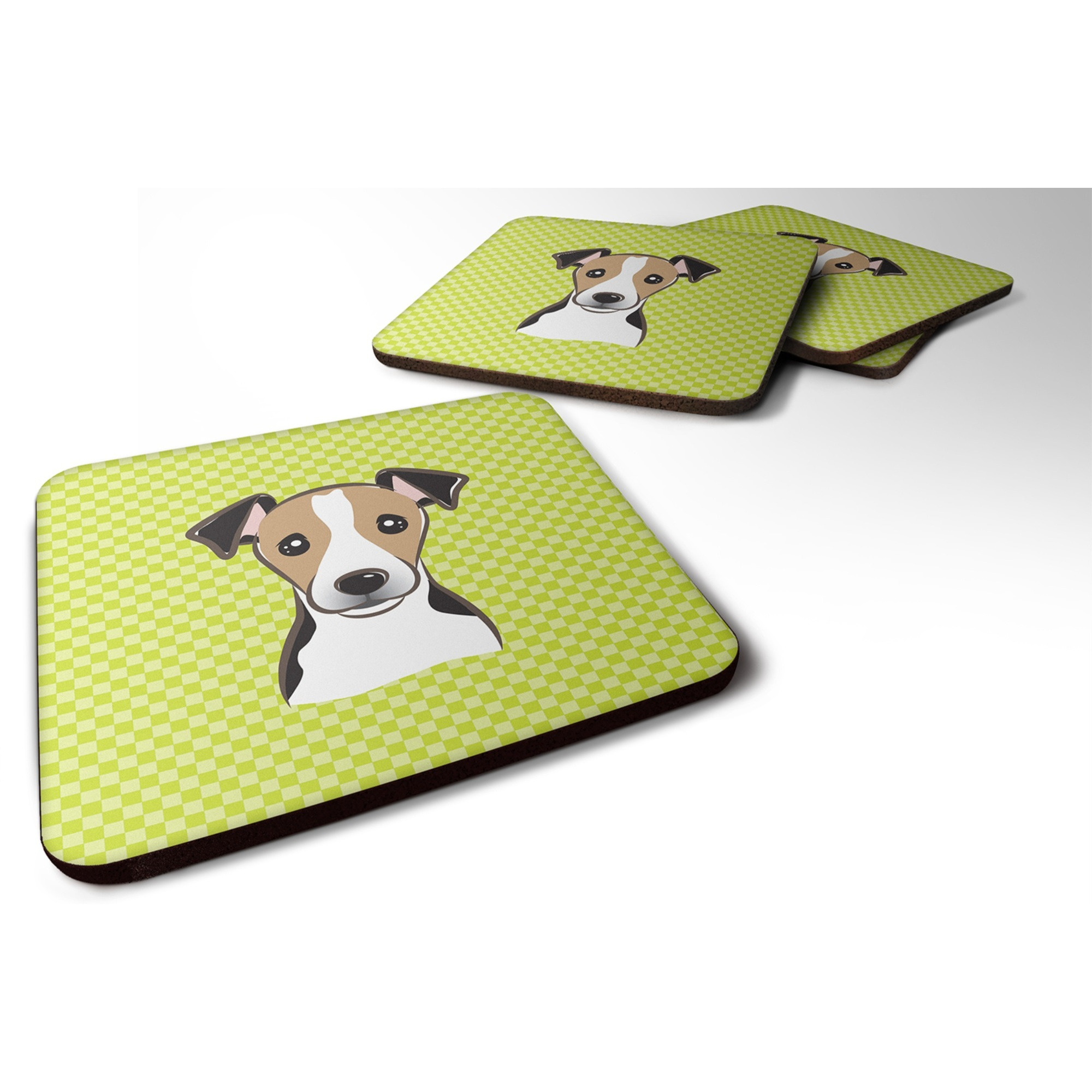&quotCaroline's Treasures BB1323FC Checkerboard Lime Green Jack Russell Terrier Foam Coaster (Set of 4), 3.5"" H x 3.5"" W, Multicolor"