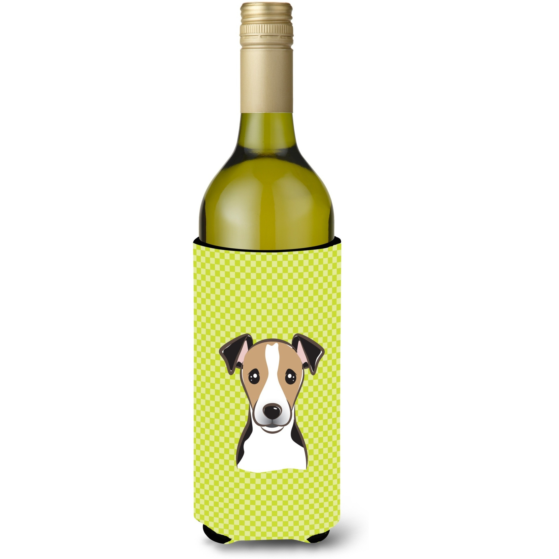 Checkerboard Lime Green Jack Russell Terrier Wine Bottle Beverage Insulator Hugger