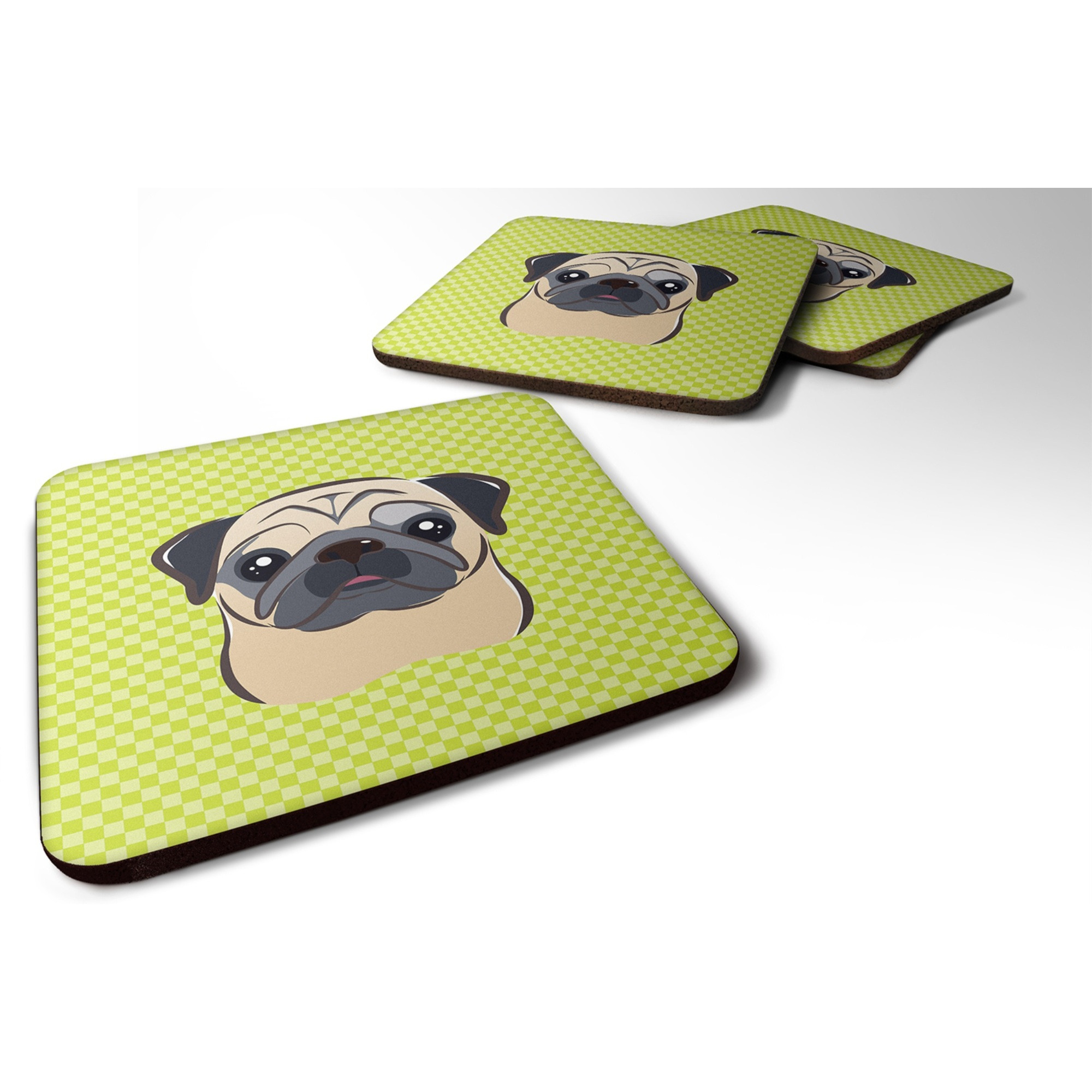 &quotCaroline's Treasures BB1324FC Checkerboard Lime Green Fawn Pug Foam Coaster (Set of 4), 3.5"" H x 3.5"" W, Multicolor"