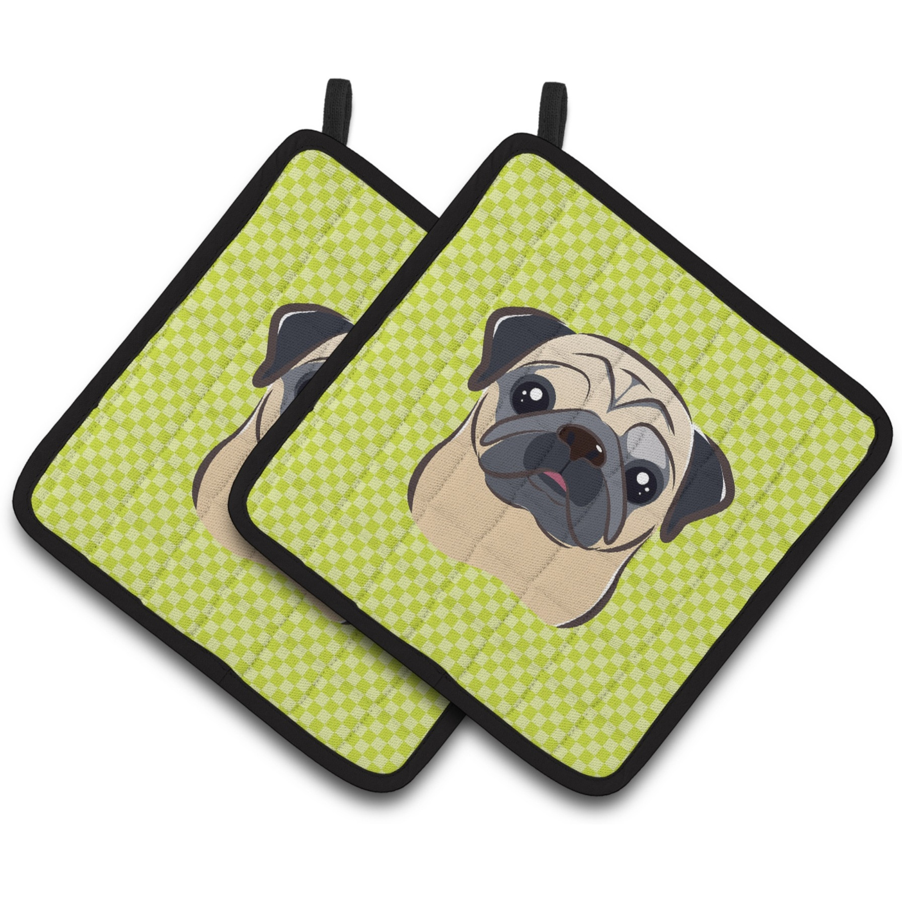 &quotCaroline's Treasures Checkerboard Lime green Fawn Pug Pair of Pot Holders BB1324PTHD, 7.5HX7.5W, Multicolor"
