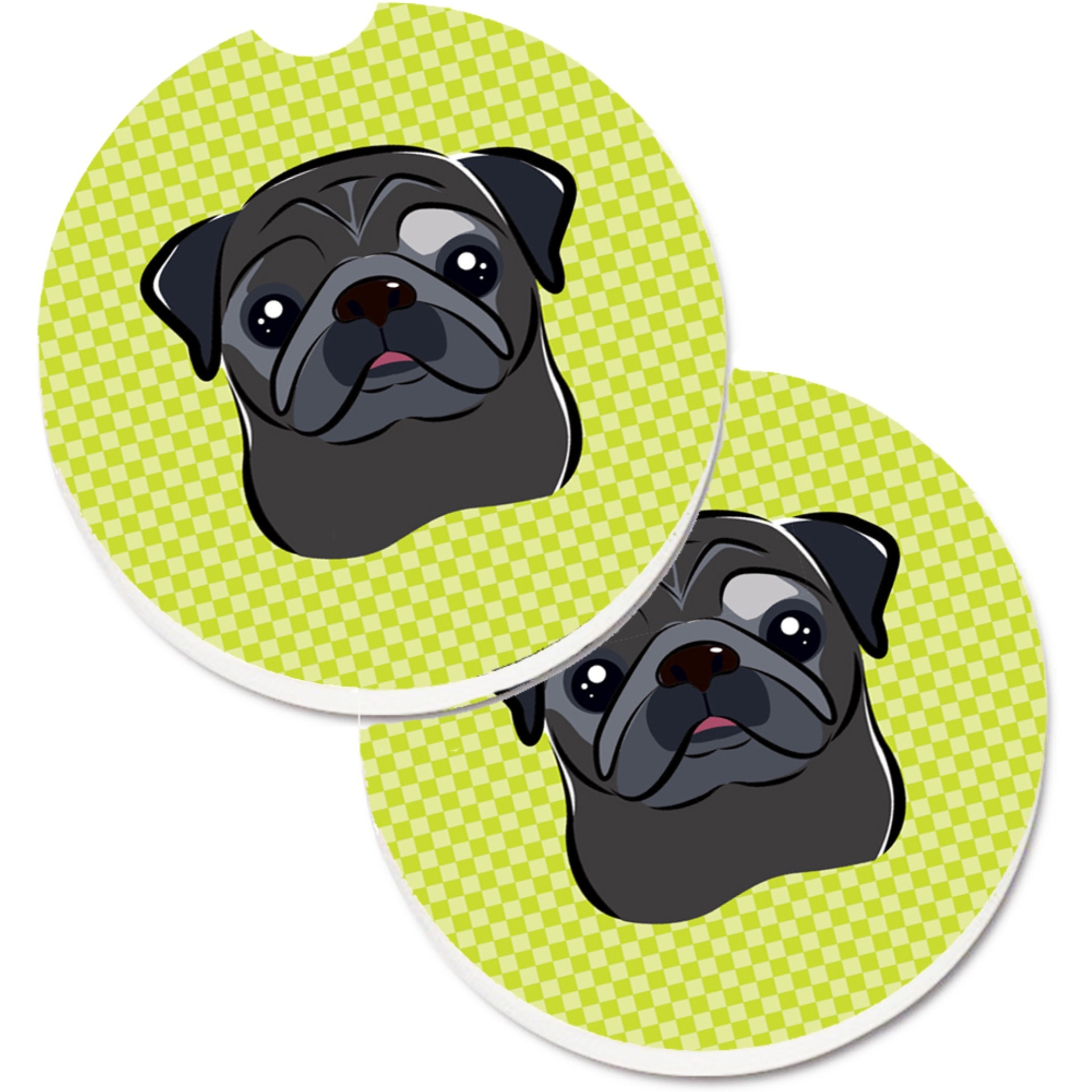 &quotCaroline's Treasures Checkerboard Lime green black Pug Set of 2 Cup Holder Car Coasters BB1325CARC, 2.56, Multicolor"