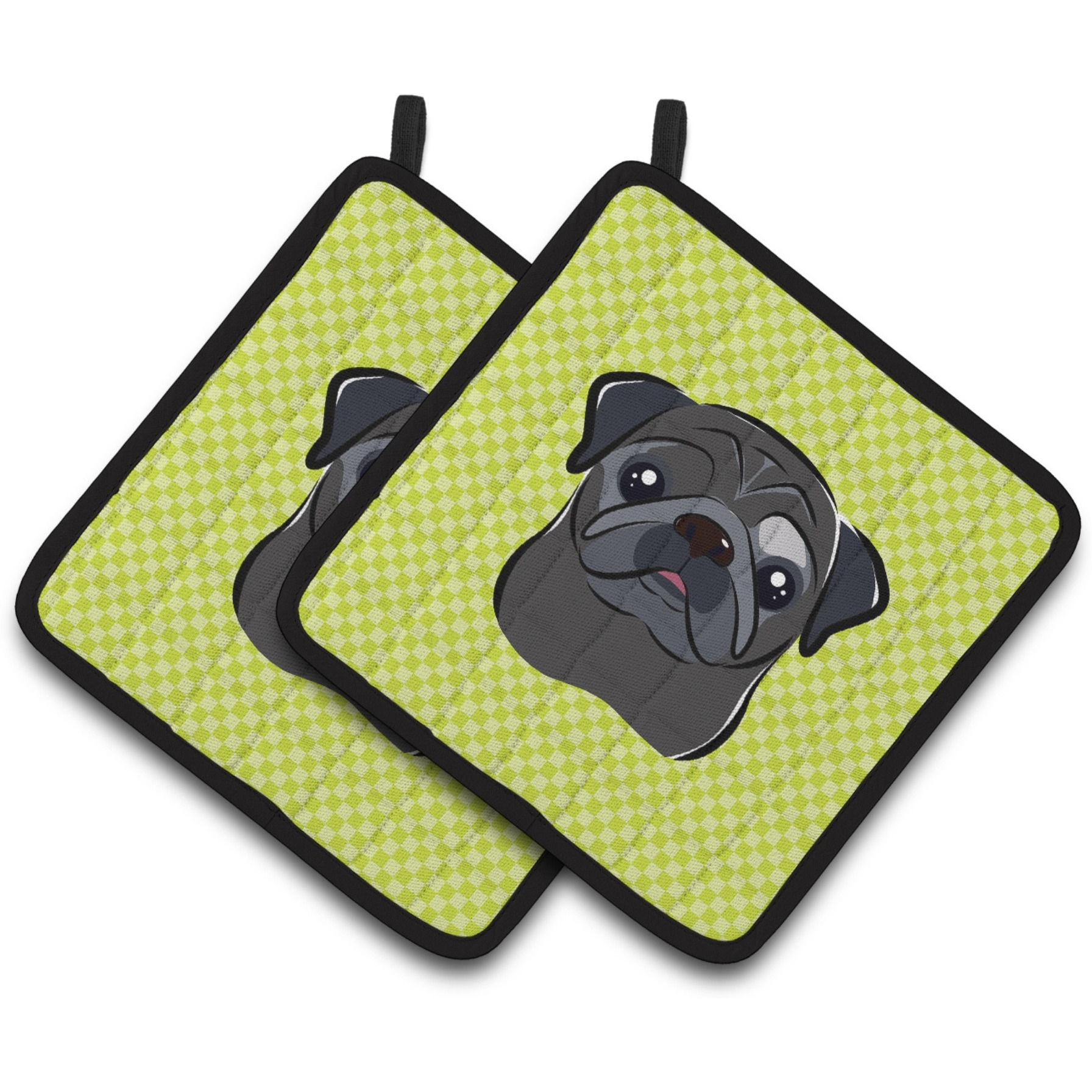 &quotCaroline's Treasures Checkerboard Lime green black Pug Pair of Pot Holders BB1325PTHD, 7.5HX7.5W, Multicolor"