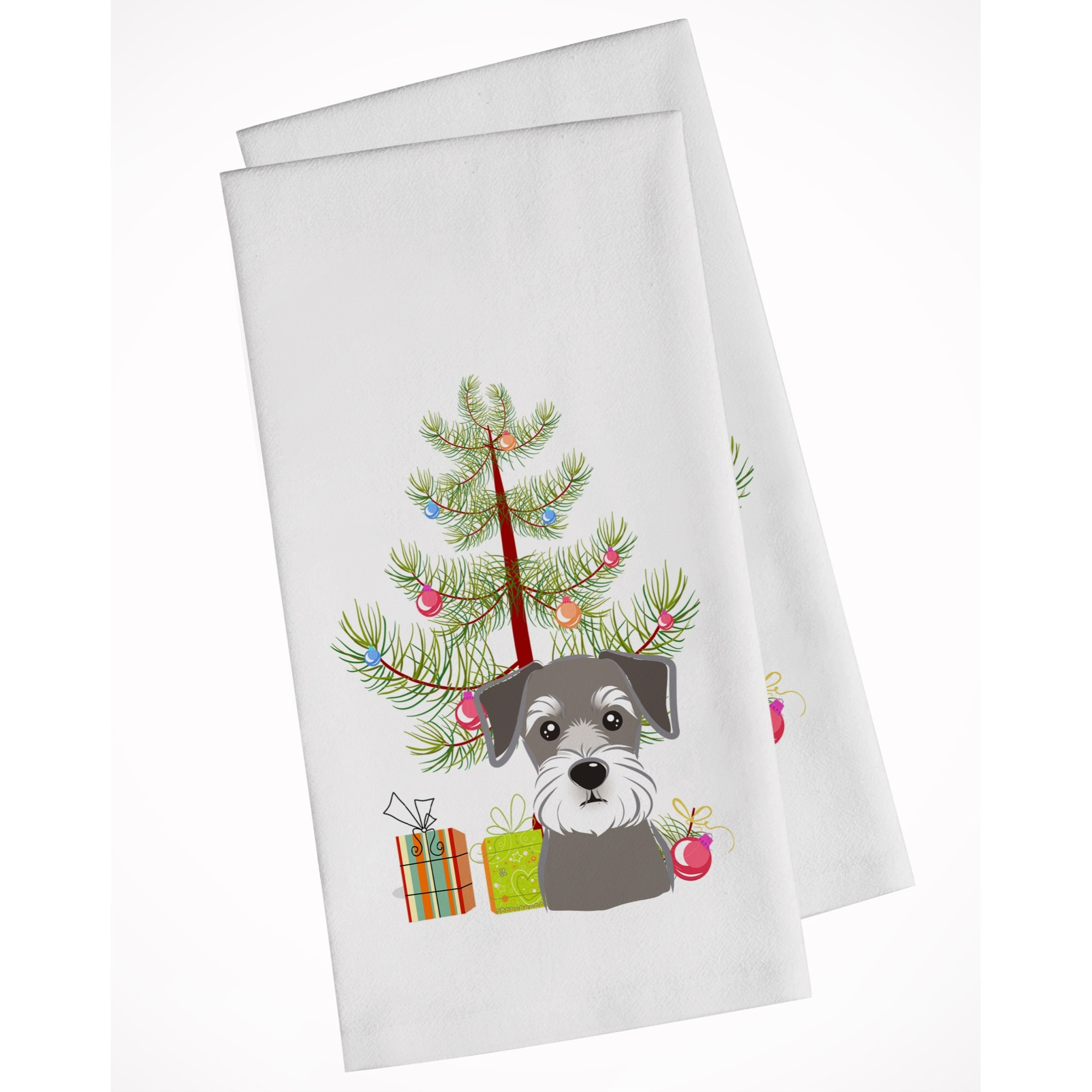 Christmas Tree and Schnauzer White Kitchen Towel Set of 2