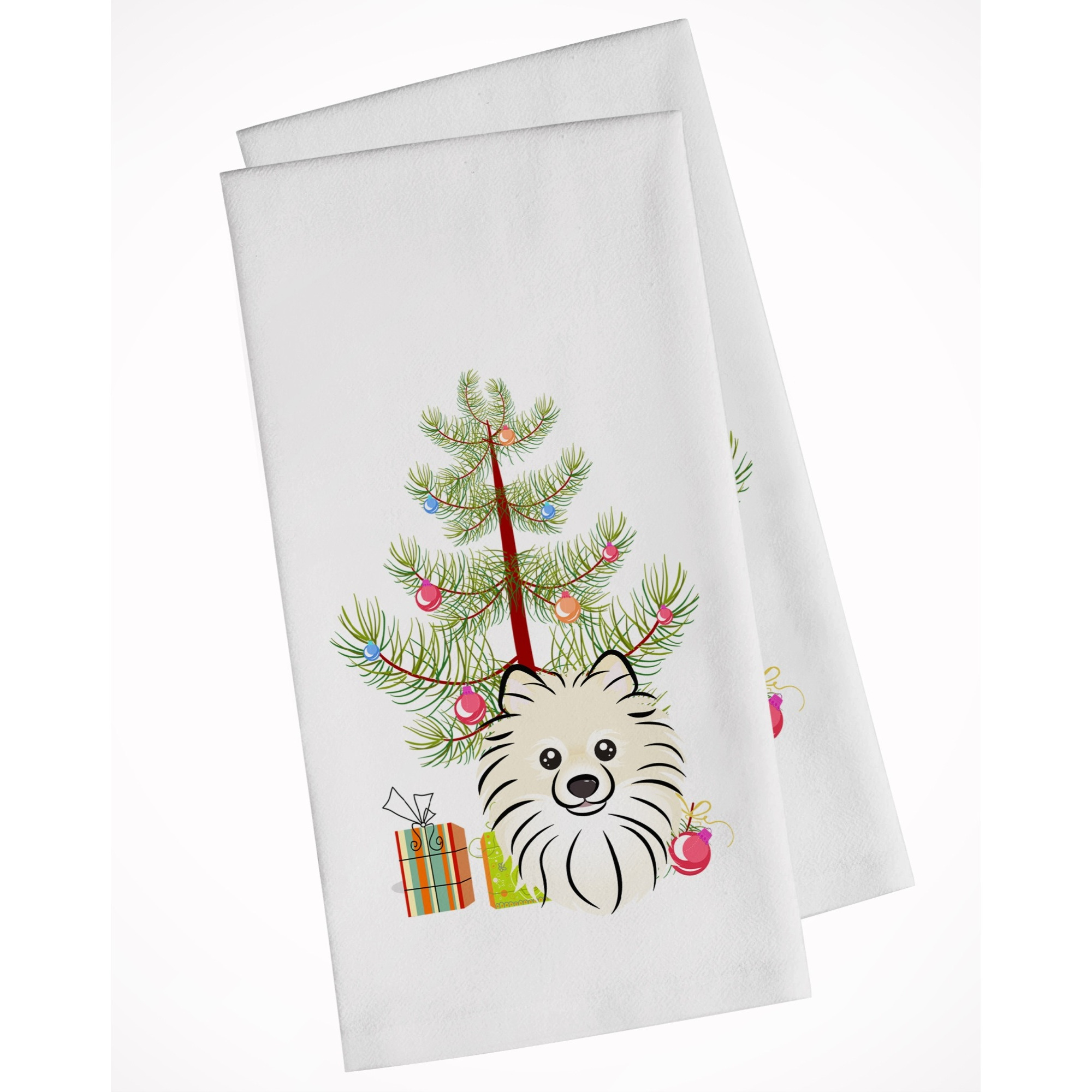 Christmas Tree and Pomeranian White Kitchen Towel Set of 2
