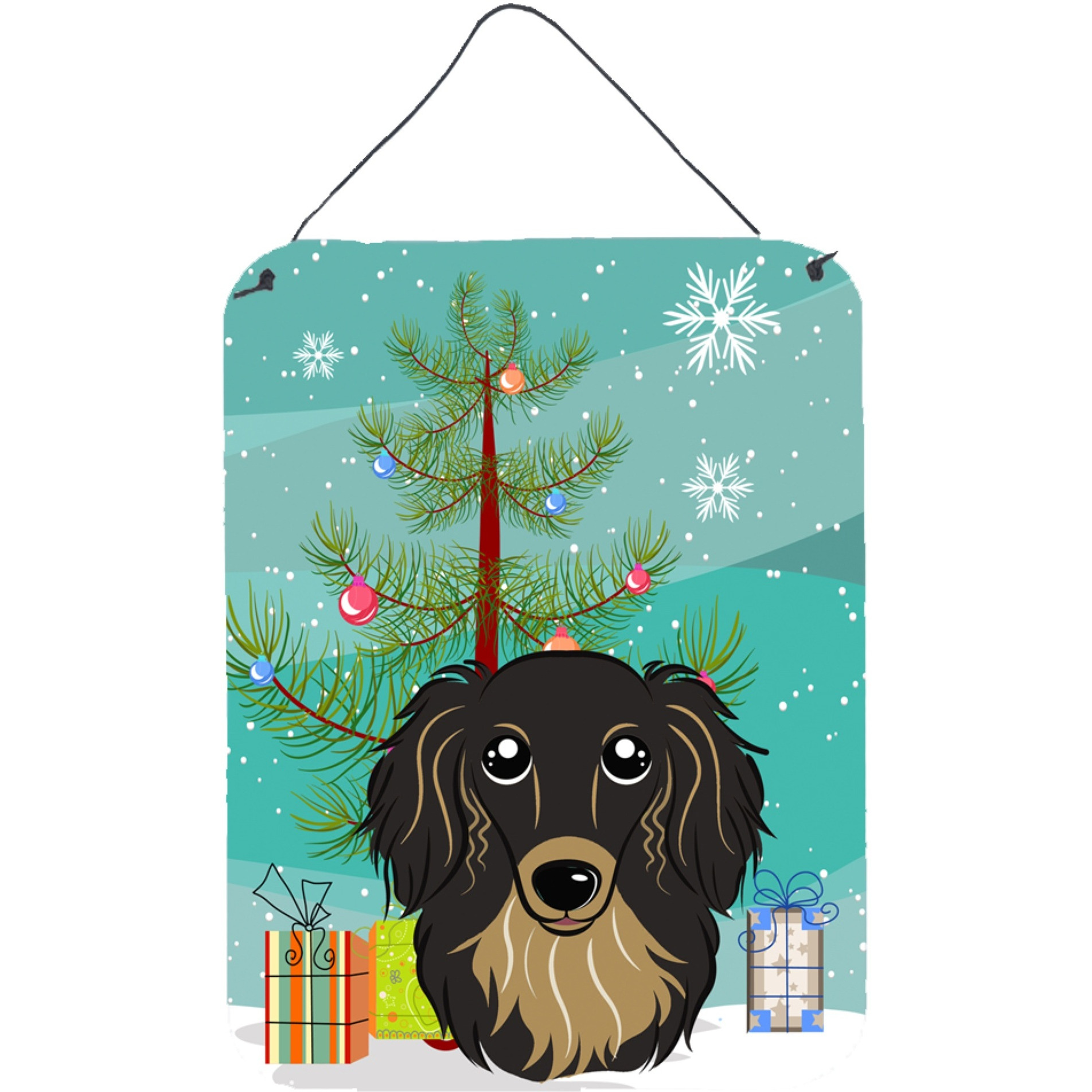 &quotCaroline's Treasures Christmas Tree and Longhair Black and Tan Dachshund Wall or Door Hanging Prints BB1585DS1216, 16HX12W, Multicolor"