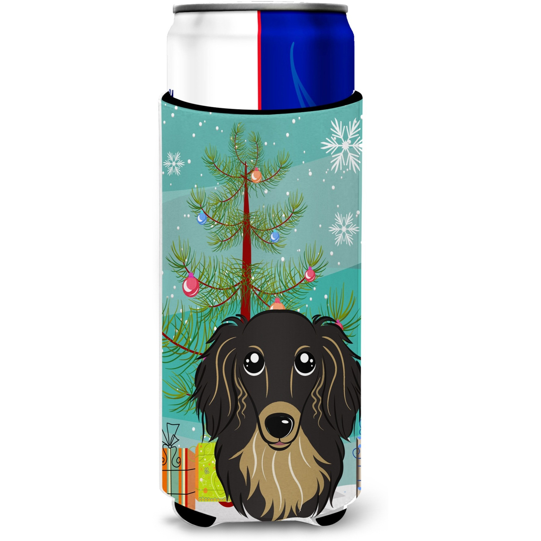 &quotCaroline's Treasures Christmas Tree and Longhair Black and Tan Dachshund Michelob Ultra Koozies for Slim Cans, Multicolor"