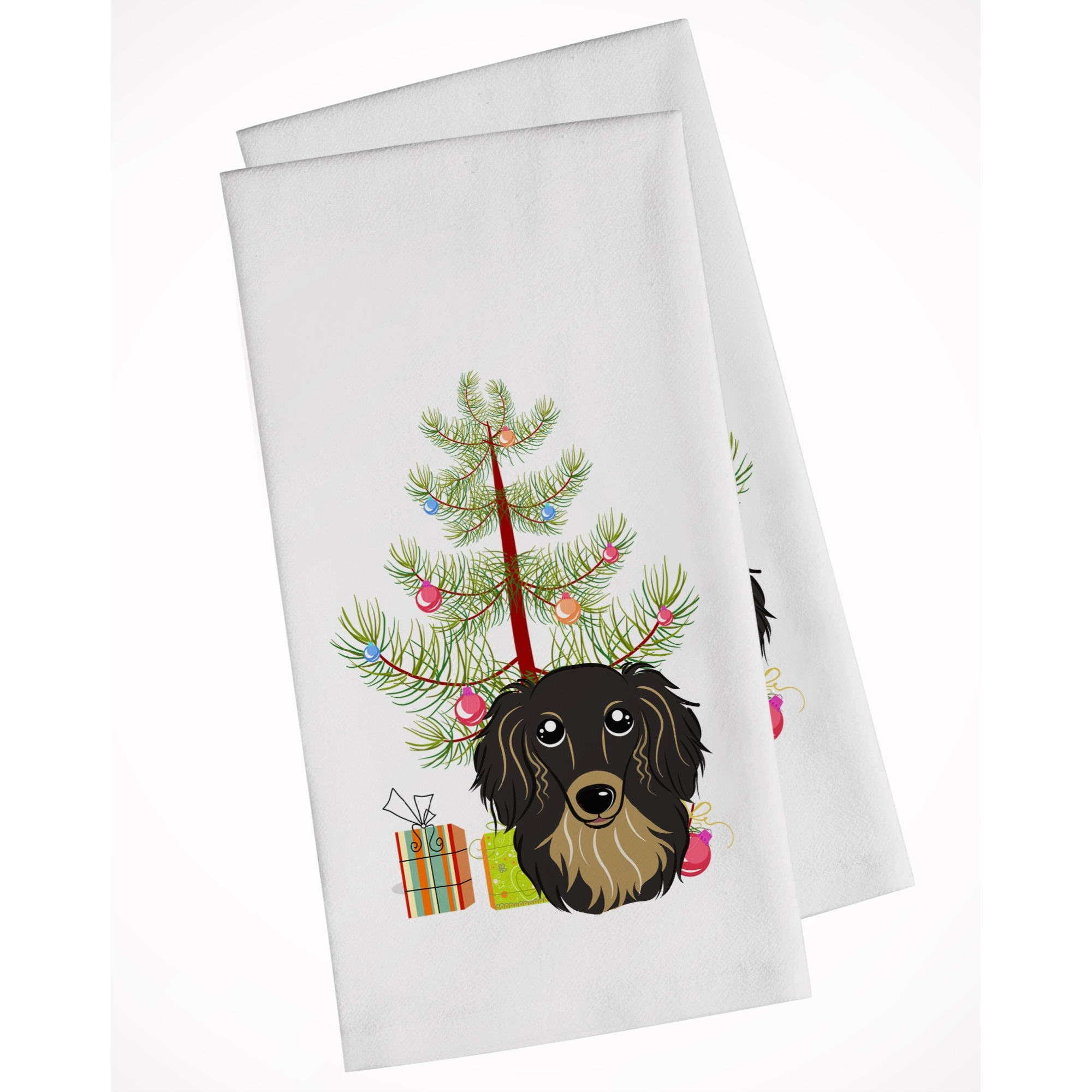 Christmas Tree and Longhair Black and Tan Dachshund White Kitchen Towel Set of 2