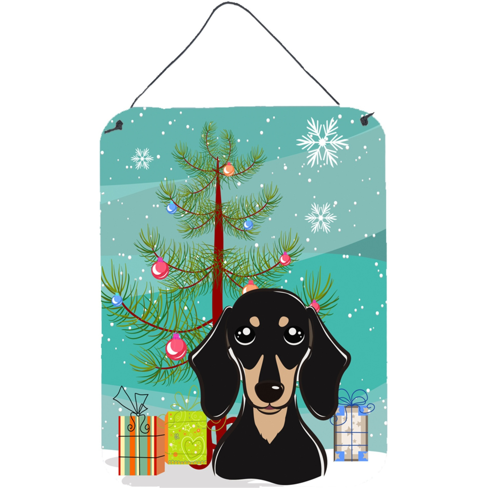 &quotCaroline's Treasures Christmas Tree and Smooth Black and Tan Dachshund Wall or Door Hanging Prints BB1587DS1216, 16HX12W, Multicolor"