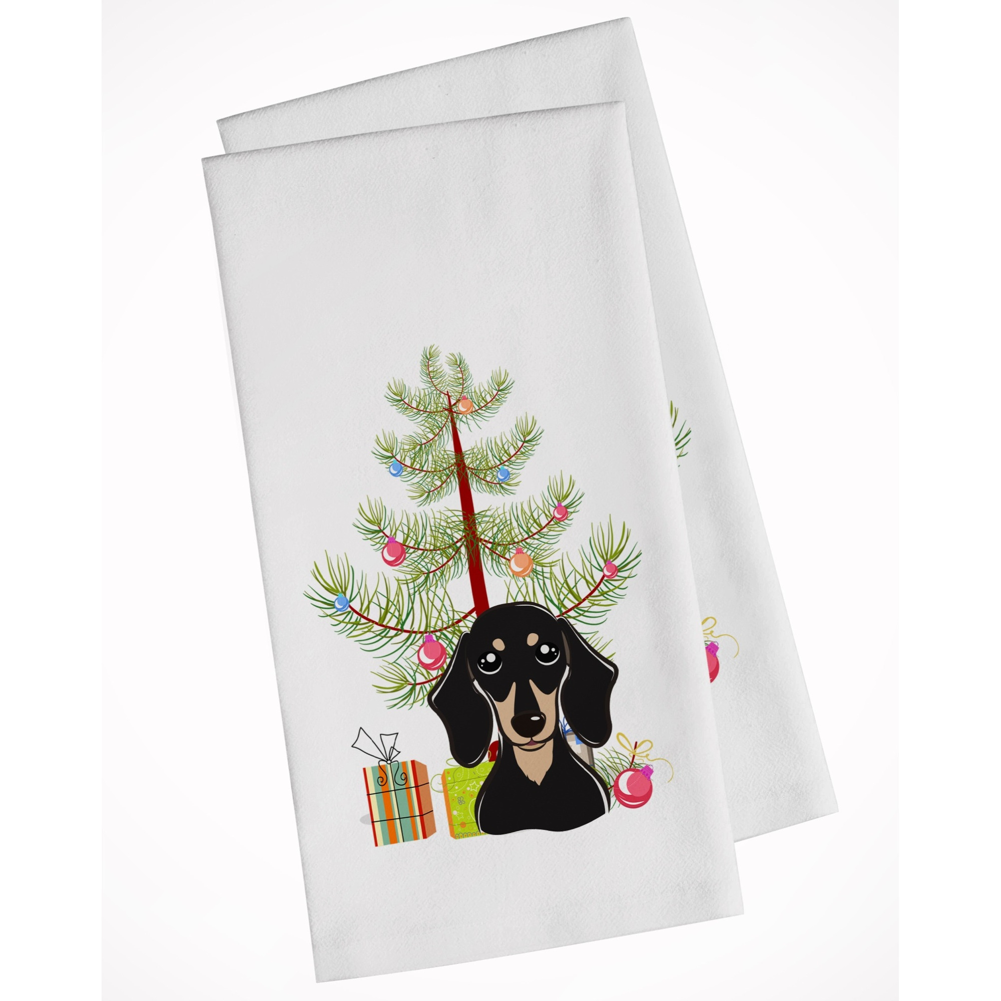 Christmas Tree and Smooth Black and Tan Dachshund White Kitchen Towel Set of 2
