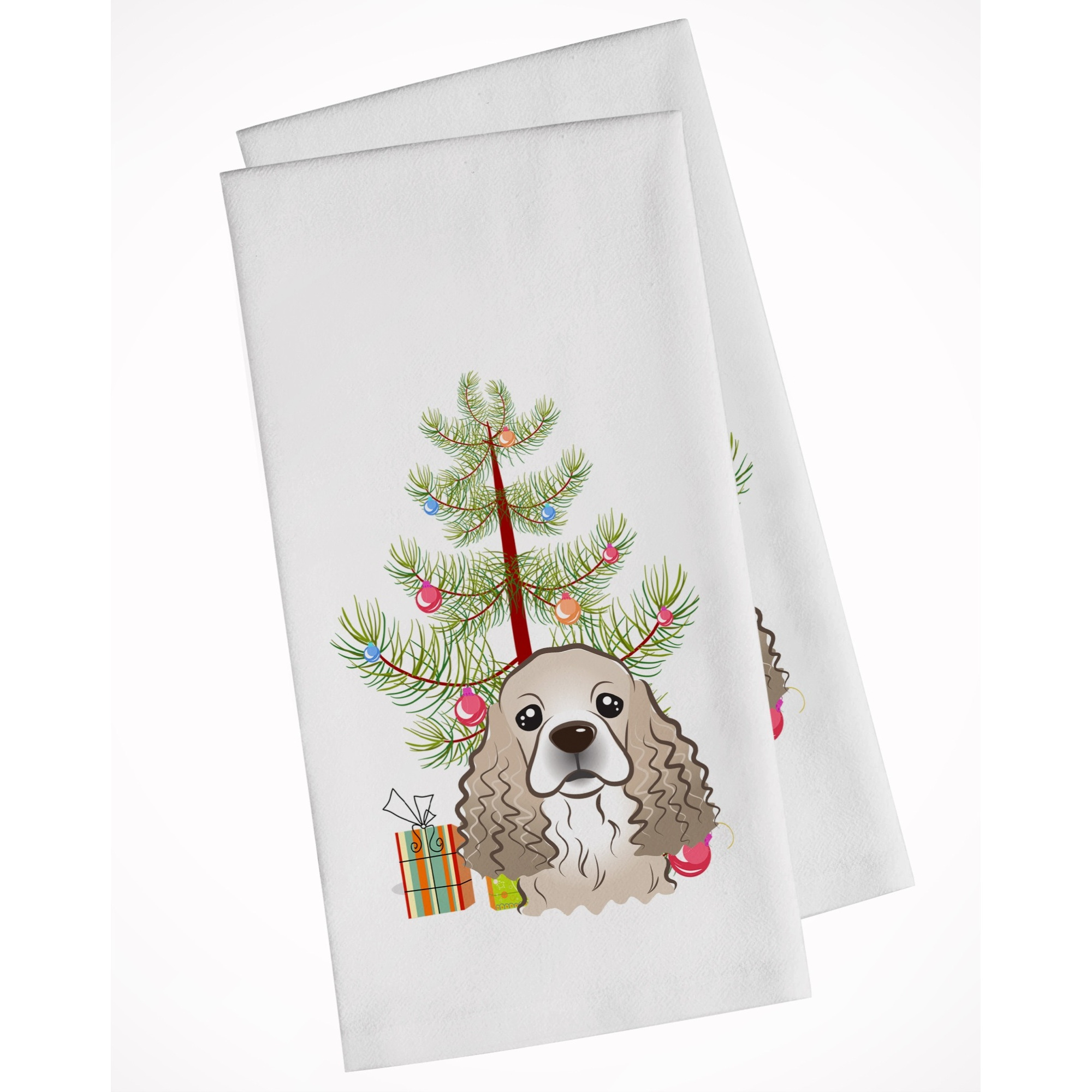 Christmas Tree and Cocker Spaniel White Kitchen Towel Set of 2