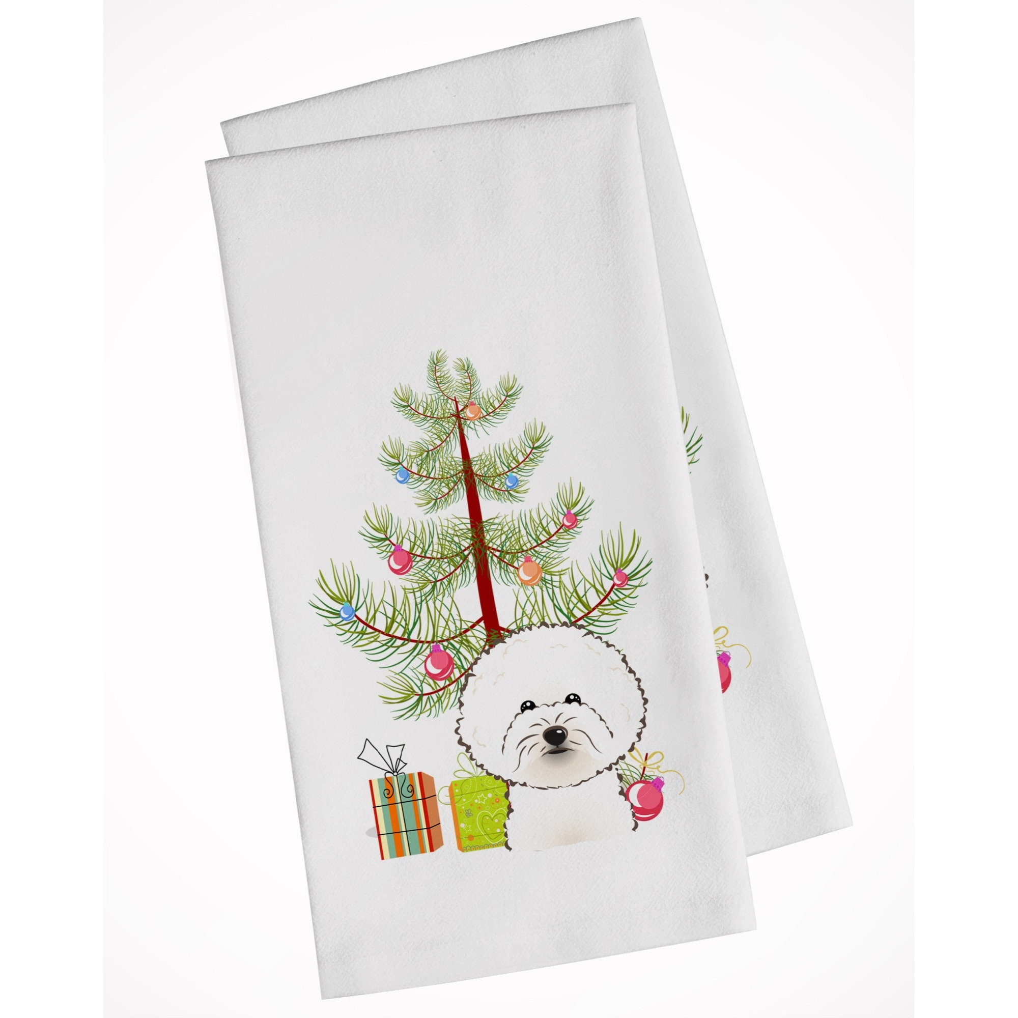 Christmas Tree and Bichon Frise White Kitchen Towel Set of 2