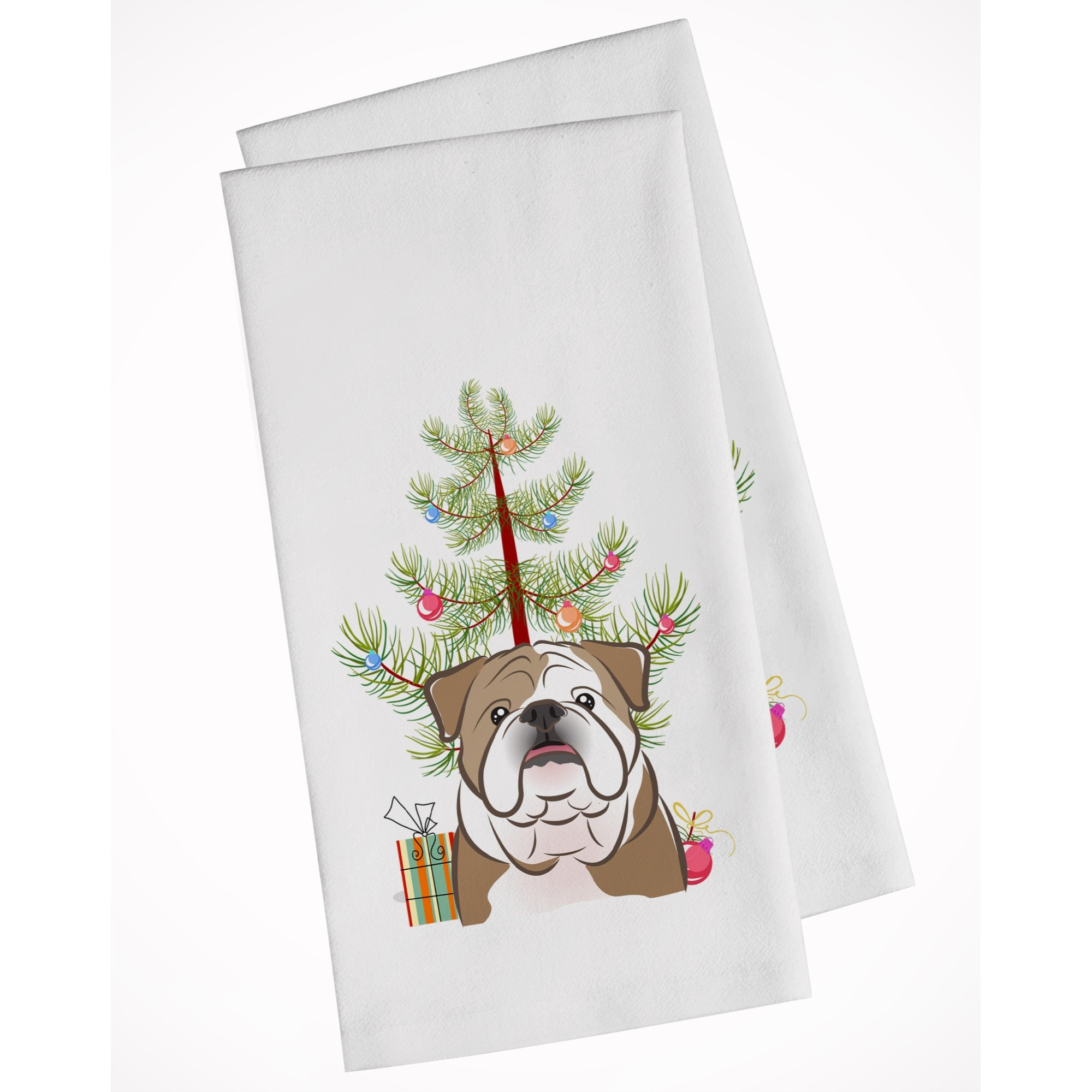 Christmas Tree and English Bulldog  White Kitchen Towel Set of 2