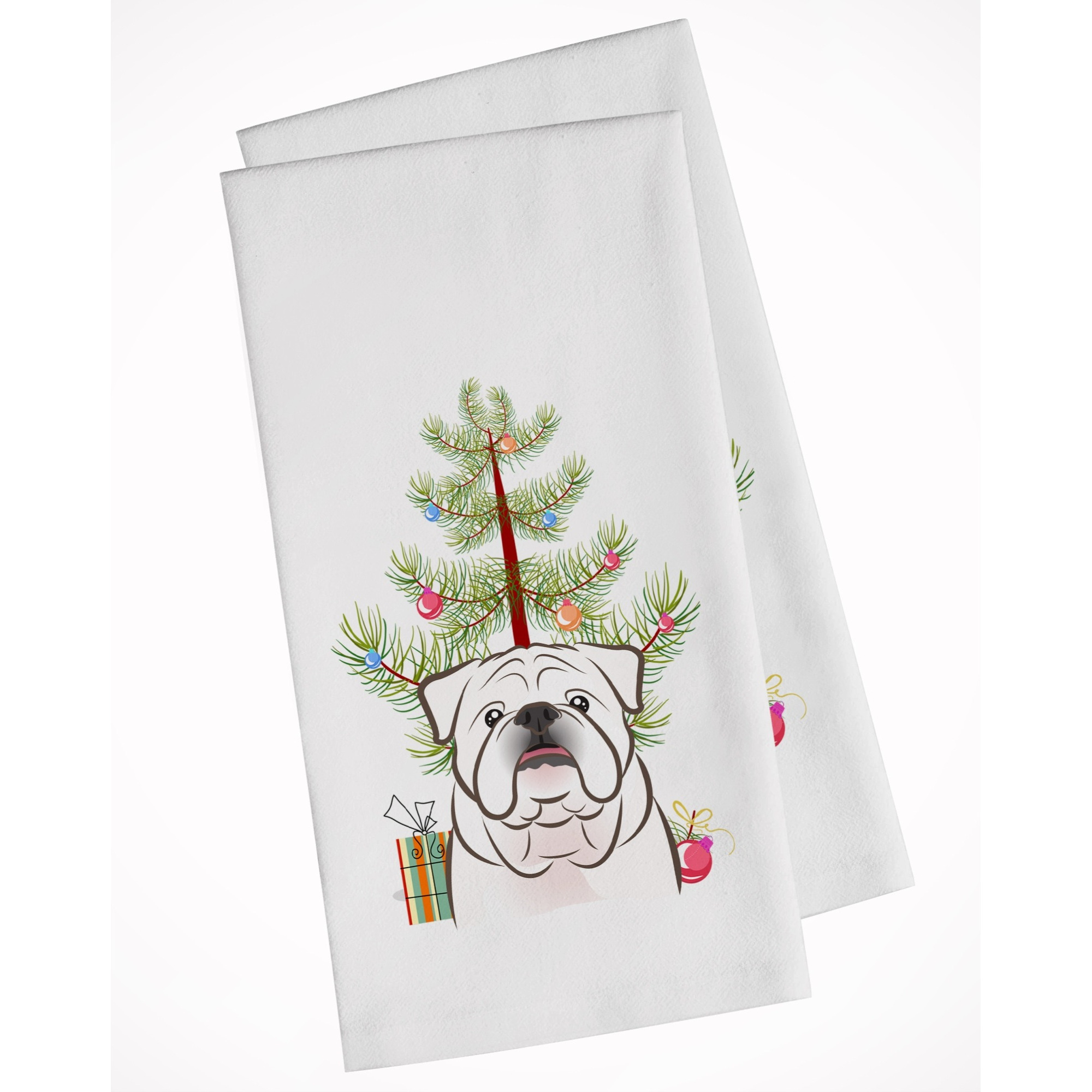 Christmas Tree and White English Bulldog  White Kitchen Towel Set of 2