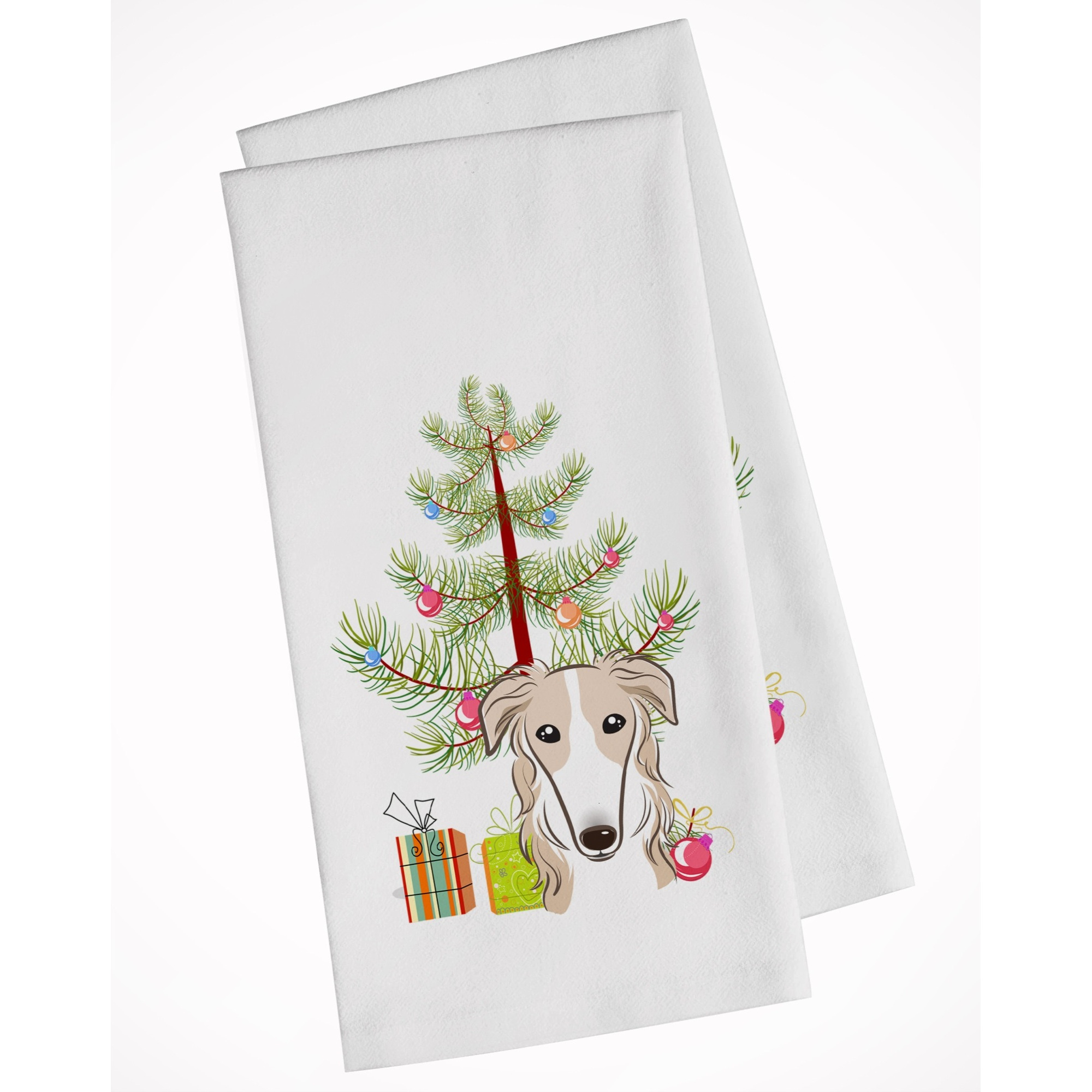 Christmas Tree and Borzoi White Kitchen Towel Set of 2