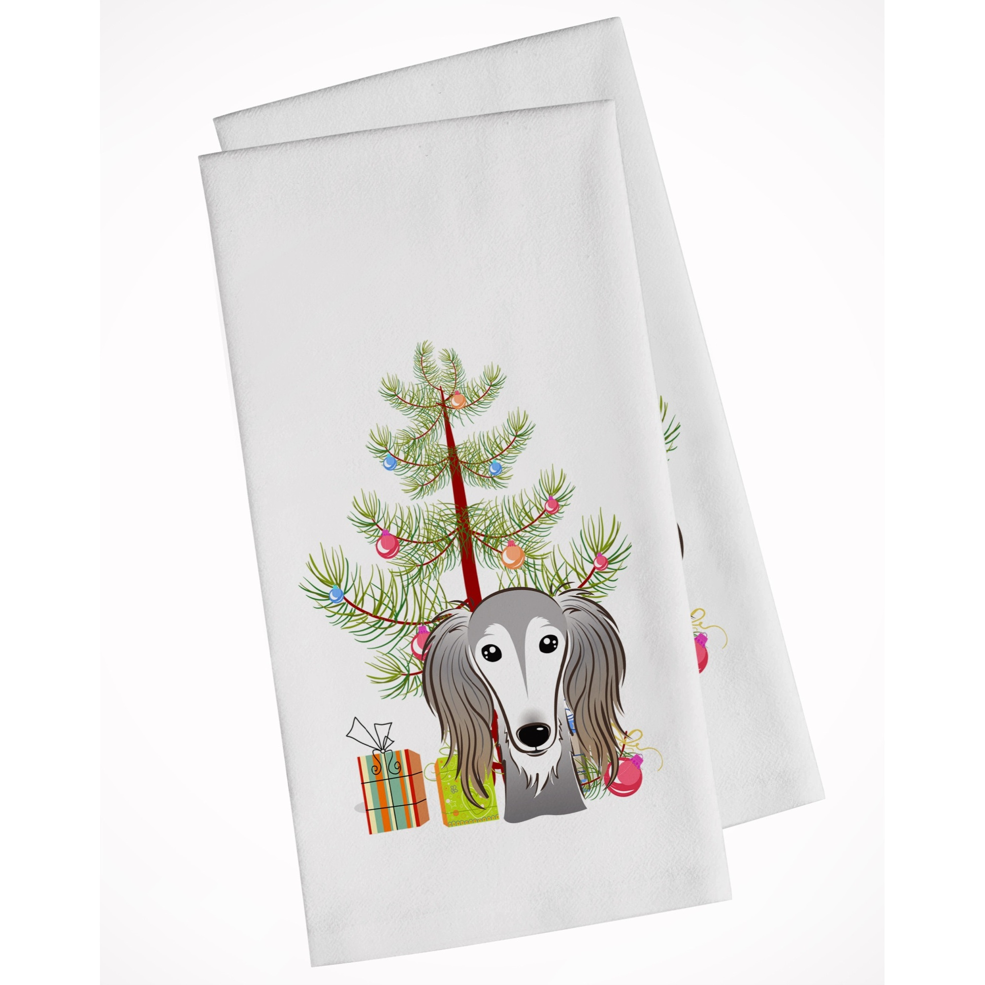Christmas Tree and Saluki White Kitchen Towel Set of 2