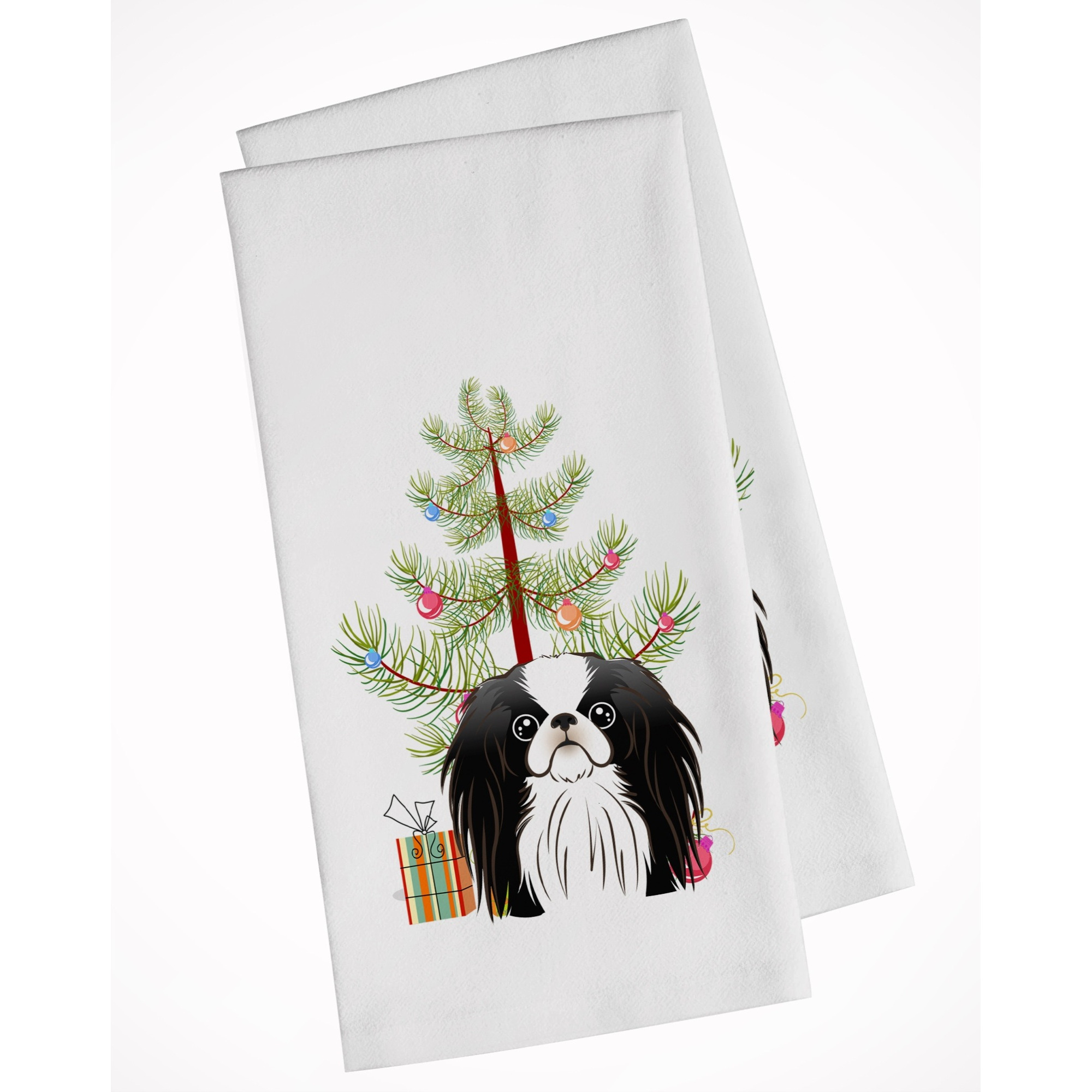 Christmas Tree and Japanese Chin White Kitchen Towel Set of 2