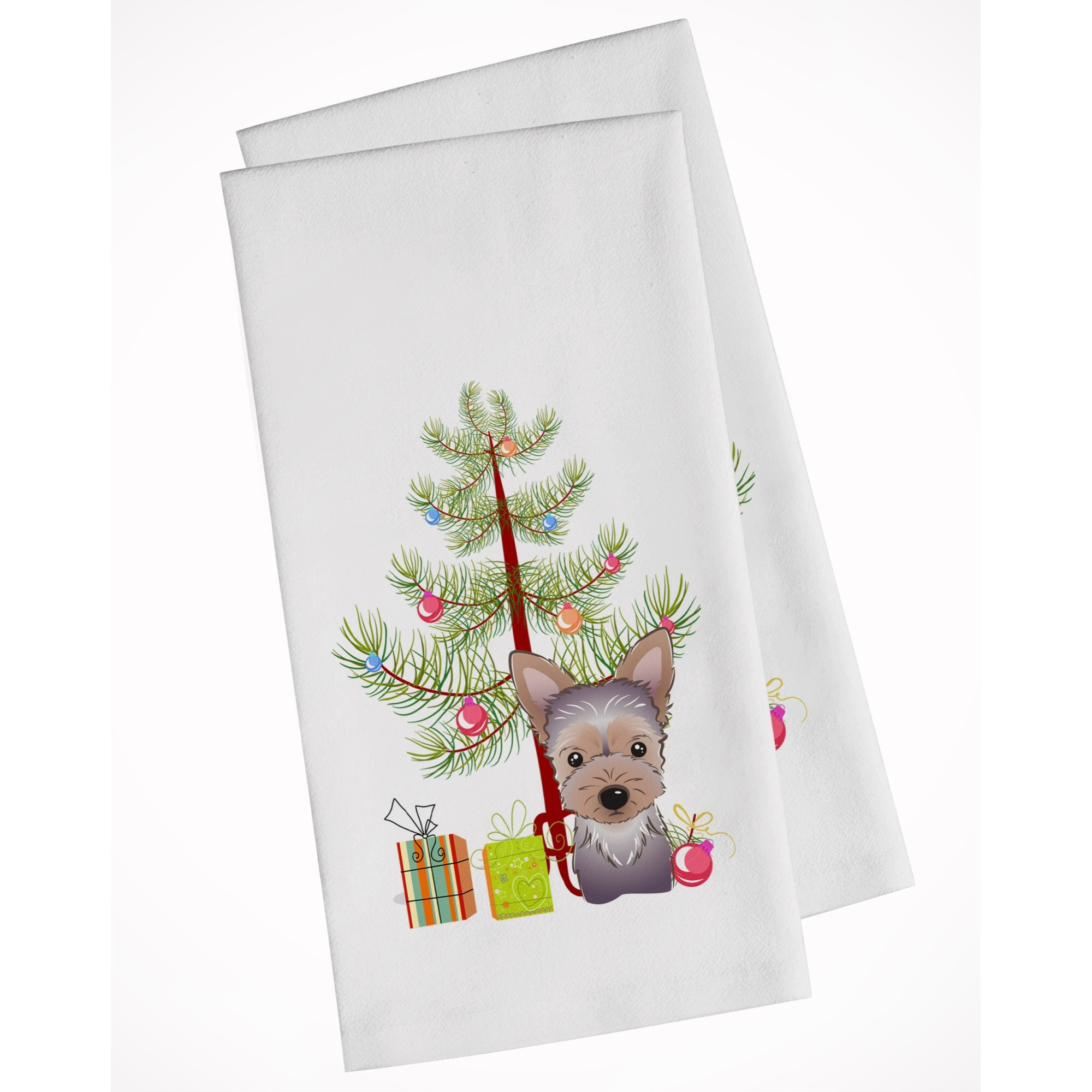Christmas Tree and Yorkie Puppy White Kitchen Towel Set of 2