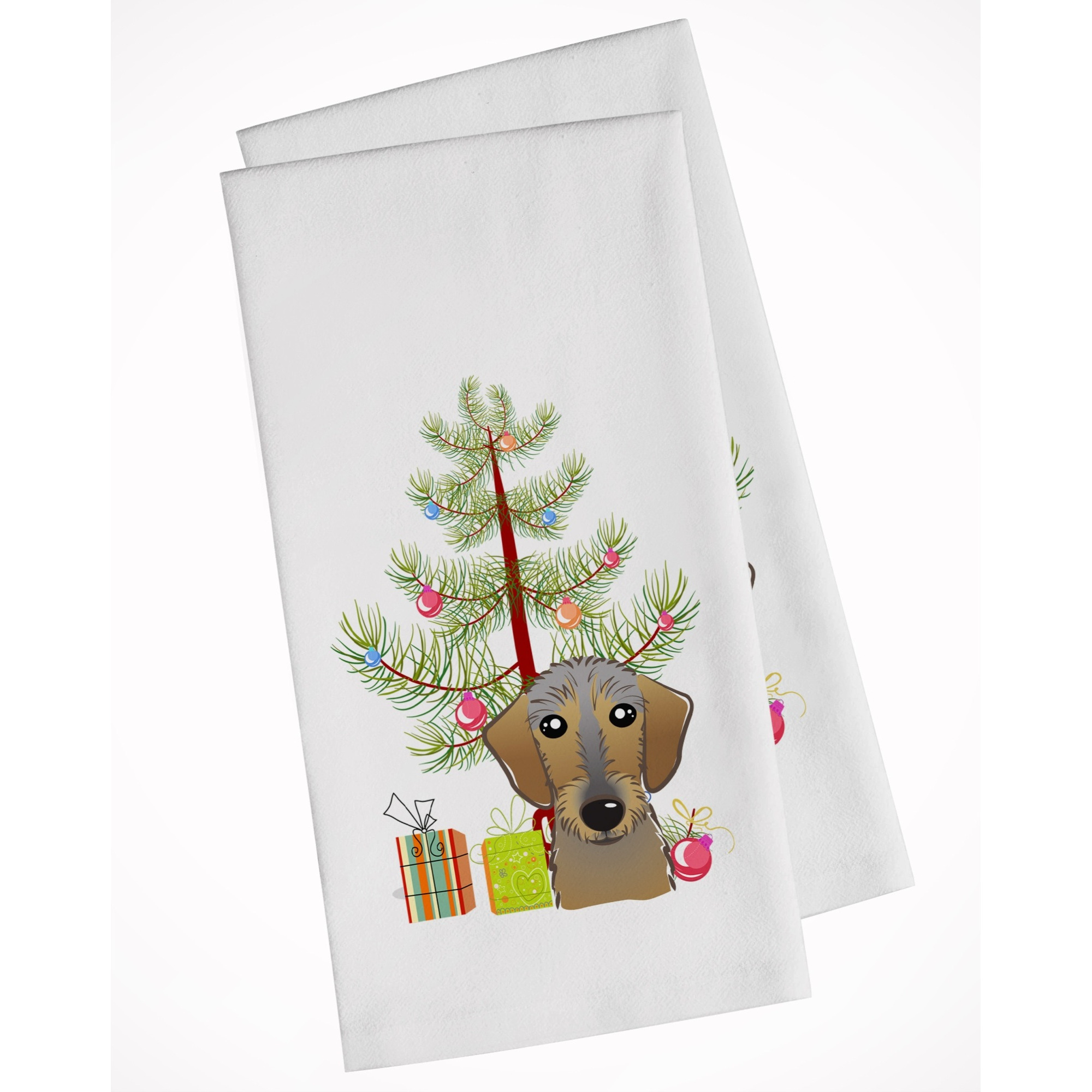 Christmas Tree and Wirehaired Dachshund White Kitchen Towel Set of 2