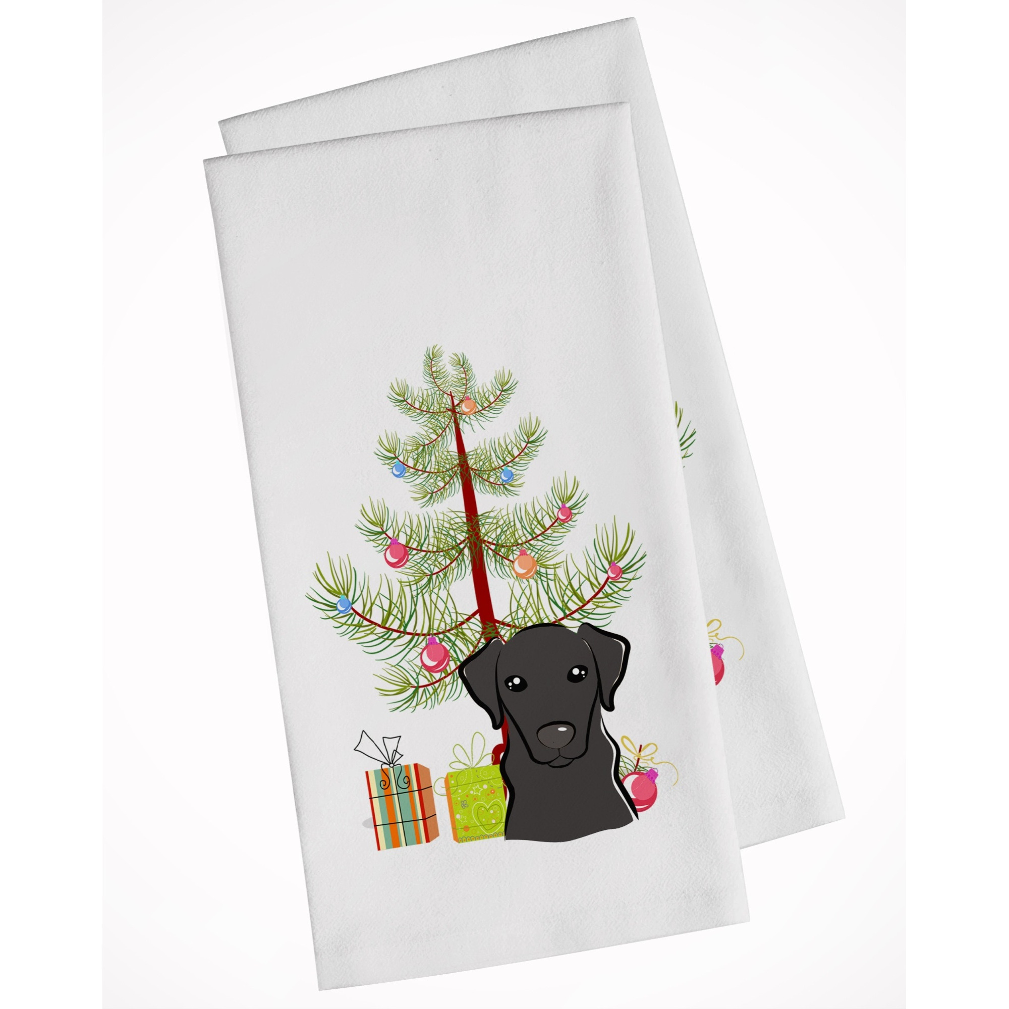 Christmas Tree and Black Labrador White Kitchen Towel Set of 2