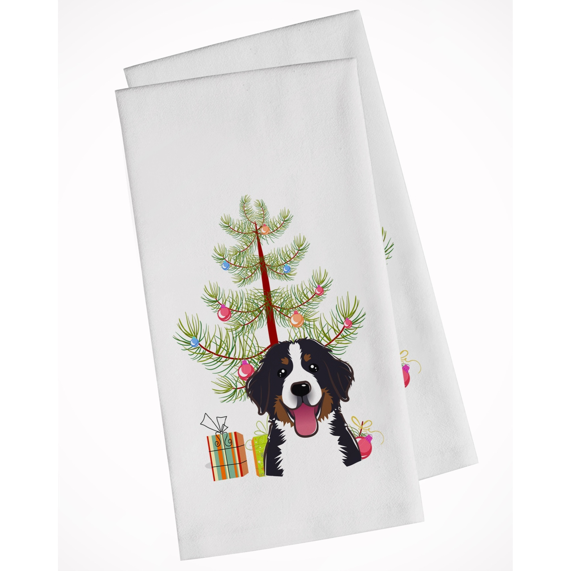 Christmas Tree and Bernese Mountain Dog White Kitchen Towel Set of 2