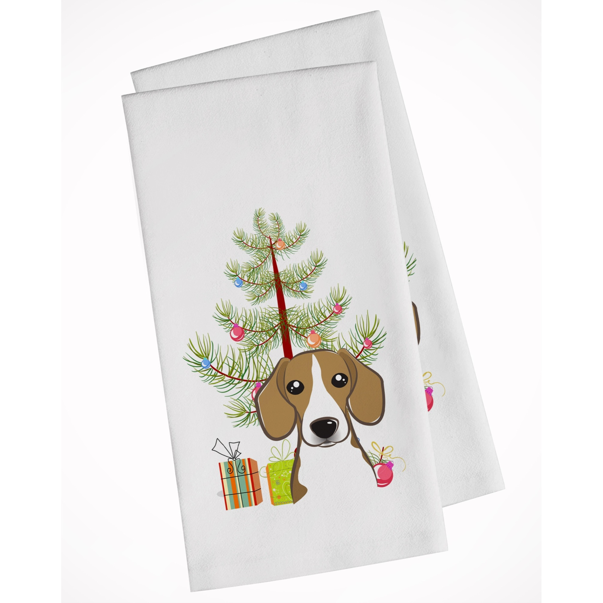Christmas Tree and Beagle White Kitchen Towel Set of 2