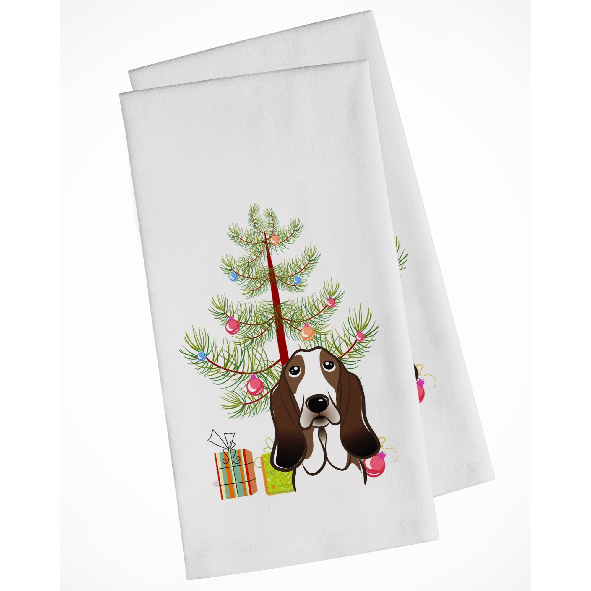 Christmas Tree and Basset Hound White Kitchen Towel Set of 2