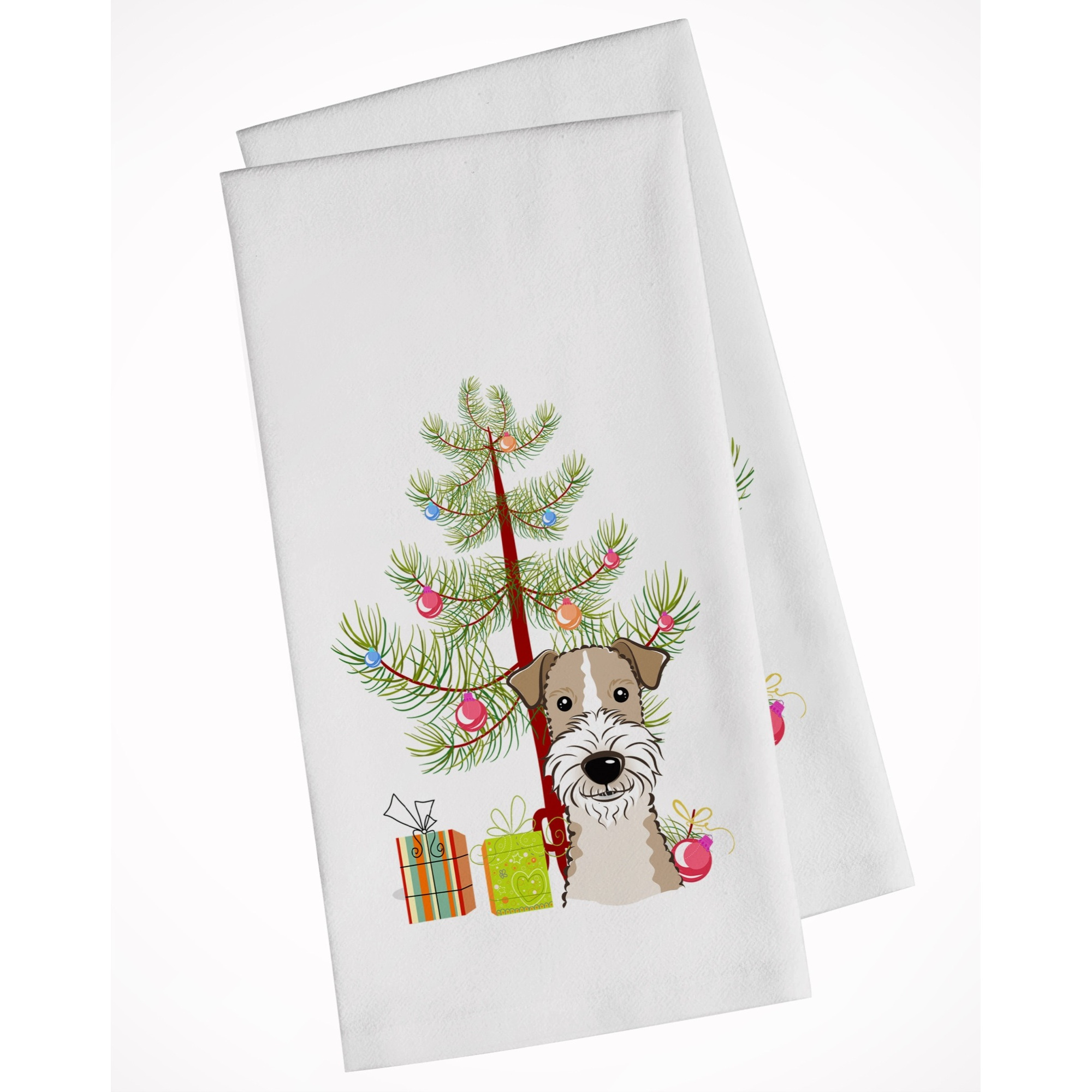 Christmas Tree and Wire Haired Fox Terrier White Kitchen Towel Set of 2