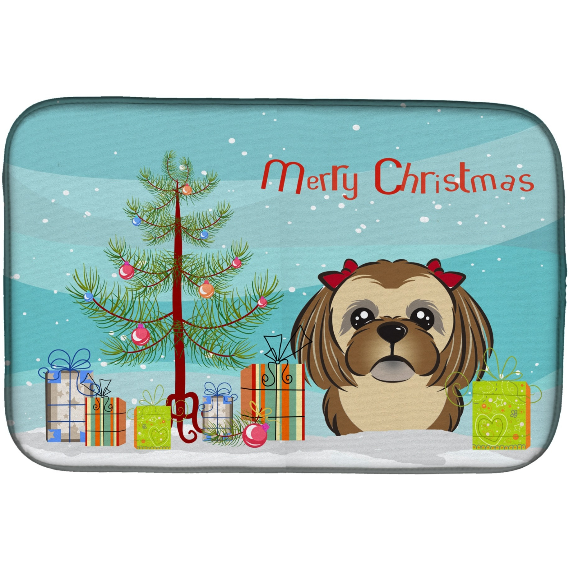 &quotCaroline's Treasures Christmas Tree And Chocolate Brown Shih Tzu Dish Drying Mat, 14"" x 21"""