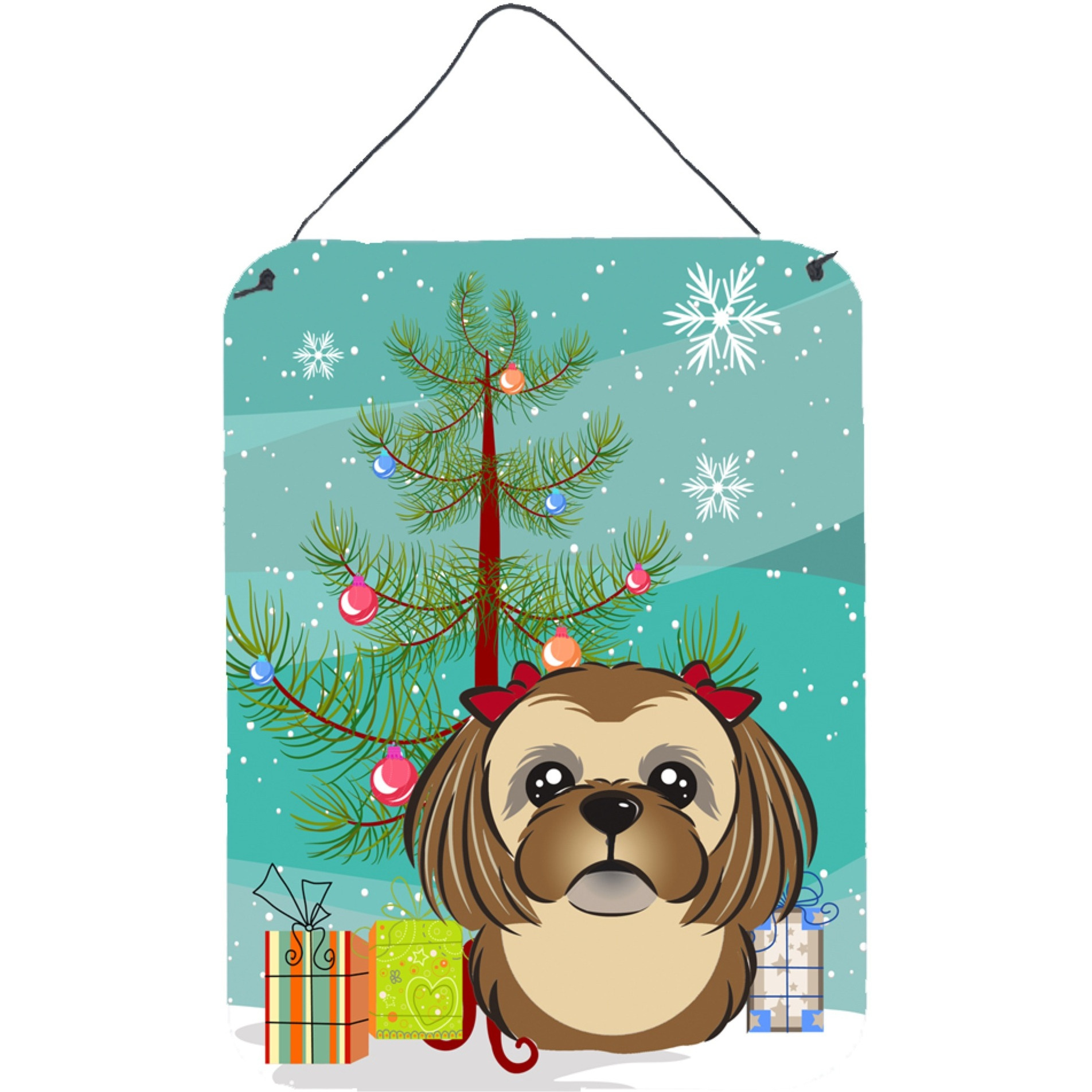 &quotCaroline's Treasures Christmas Tree and Chocolate Brown Shih Tzu Wall or Door Hanging Prints BB1621DS1216, 16HX12W, Multicolor"