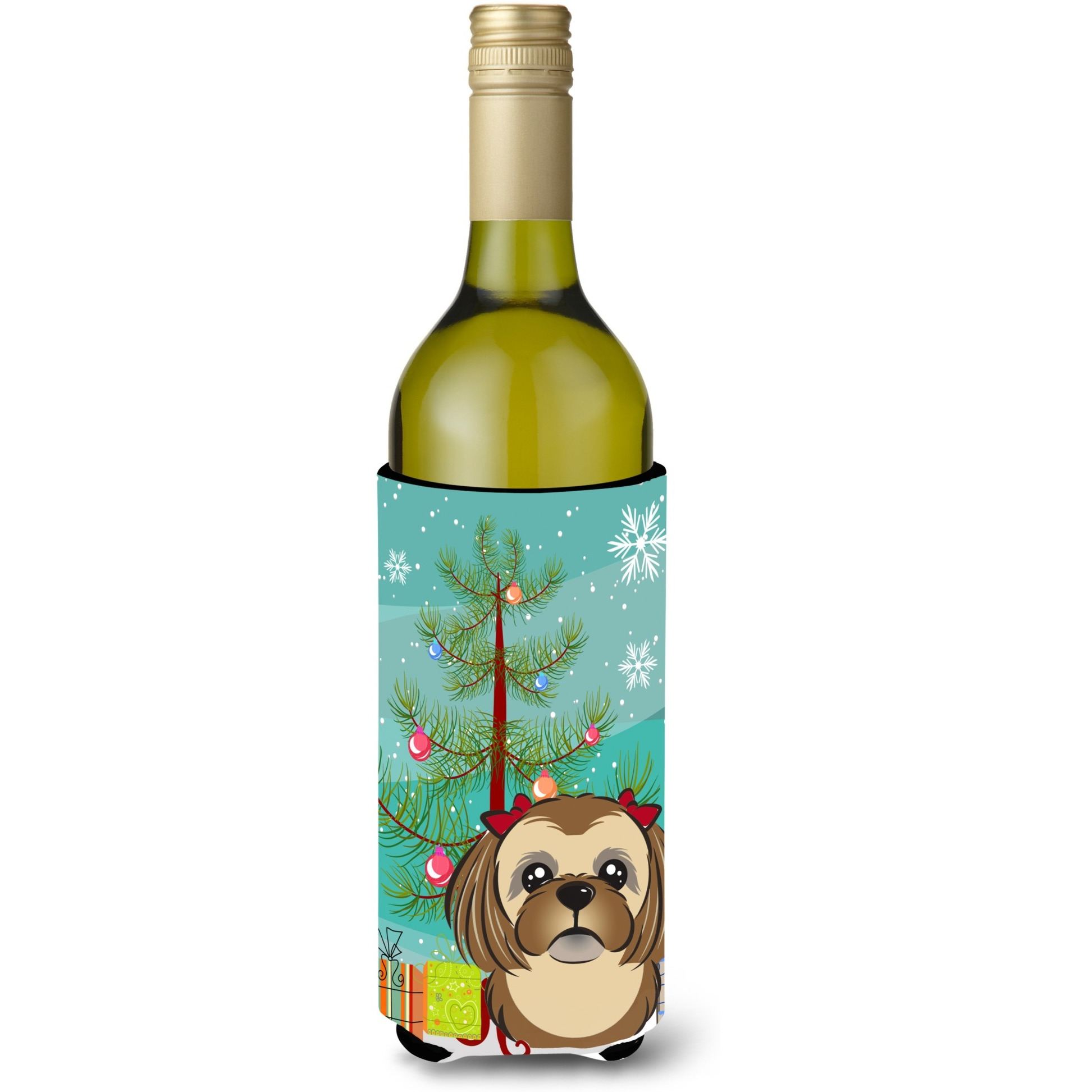 &quotCaroline's Treasures Christmas Tree and Chocolate Brown Shih Tzu Wine Bottle Koozie Hugger, 750 ml, Multicolor"