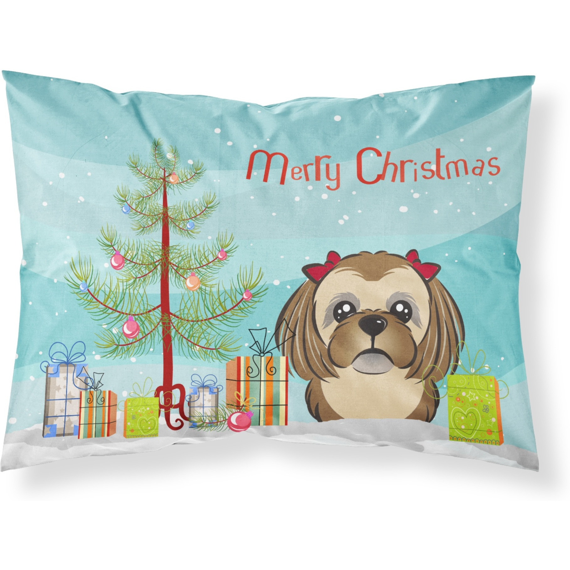 &quotCaroline's Treasures BB1621PILLOWCASE Christmas Tree And Chocolate Brown Shih Tzu Fabric Standard Pillowcase, Large, Multicolor"