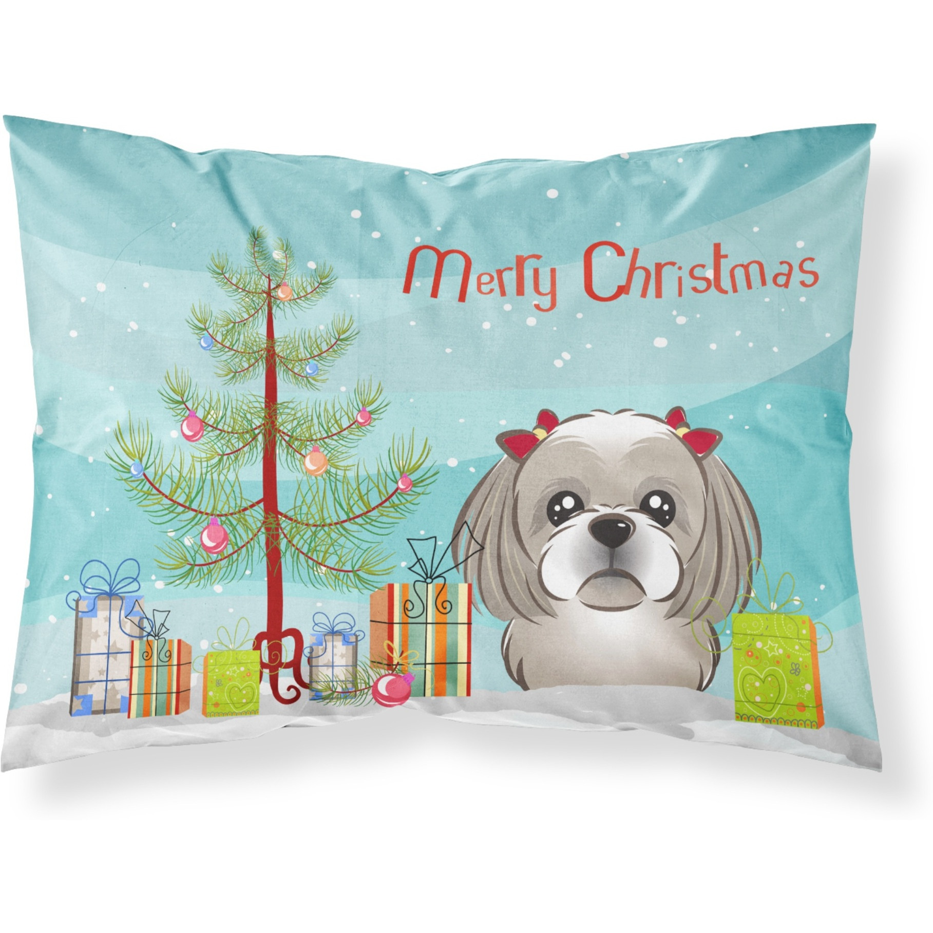 &quotCaroline's Treasures BB1622PILLOWCASE Christmas Tree And Gray Silver Shih Tzu Fabric Standard Pillowcase, Large, Multicolor"